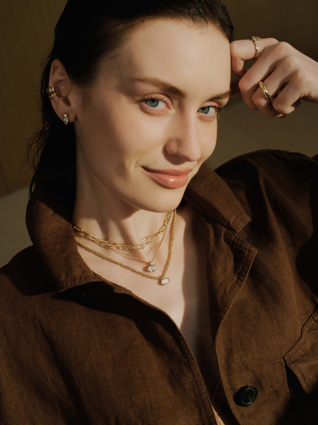 Gold Bezel Organic Pebble Necklace – model view