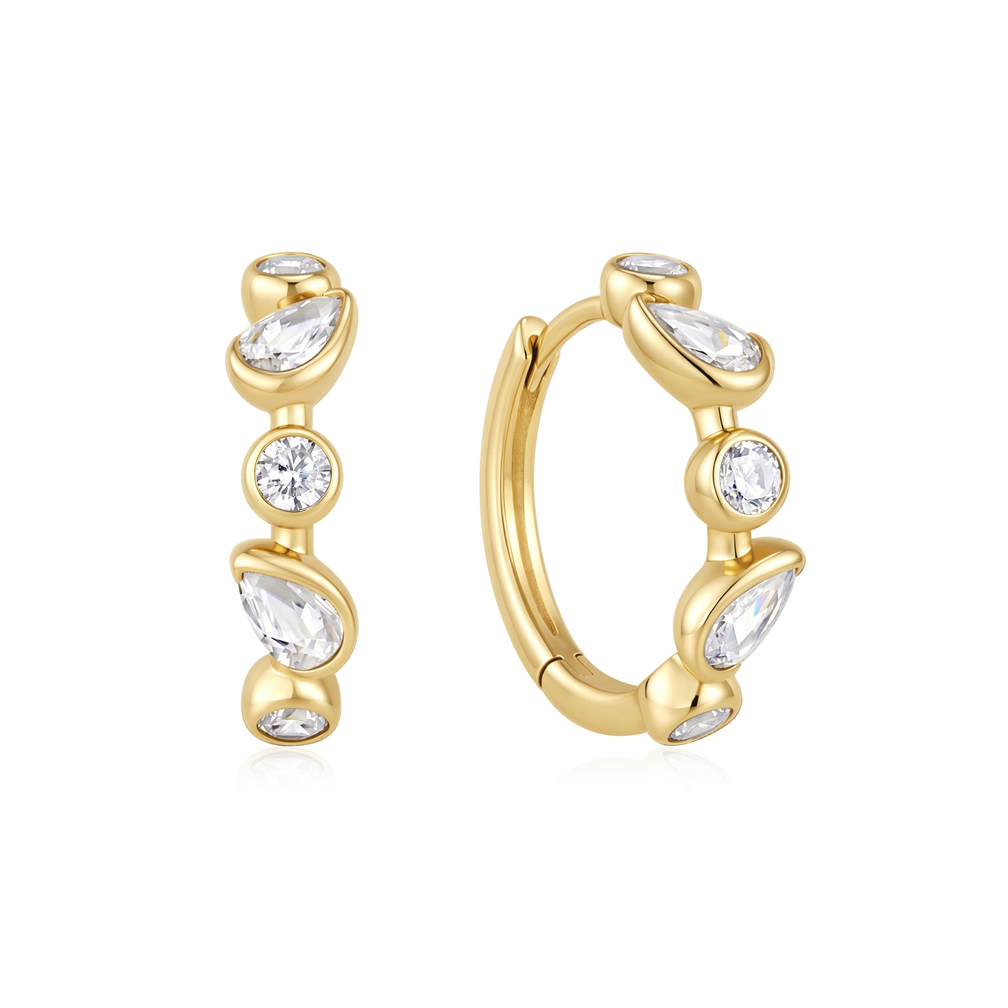 Gold Bezel Round & Teardrop Huggie Hoop Earrings