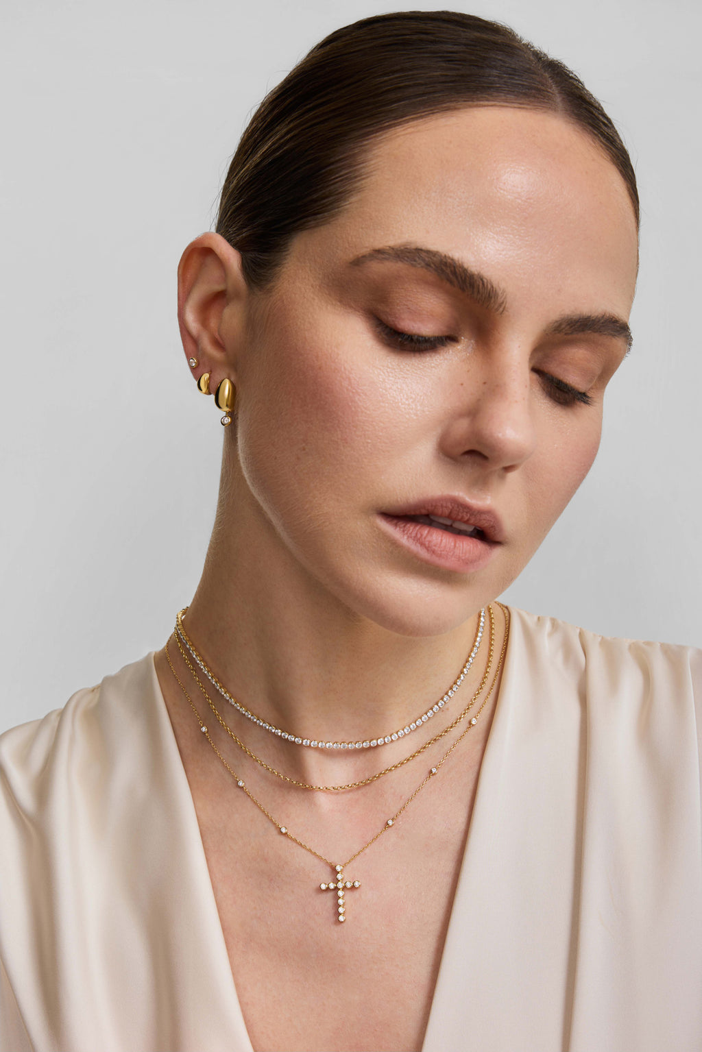 Gold Organic Dome Pebble Huggie Hoop Earrings – model view