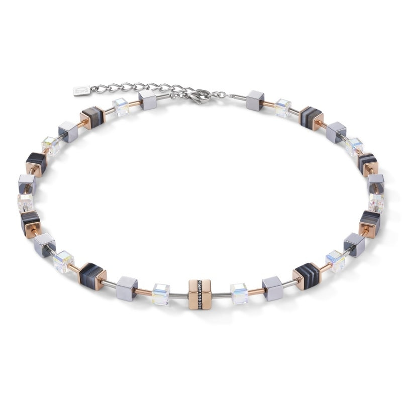 Geocube® Swarovski® Crystals & Banded Onyx Rose Gold Black Necklace