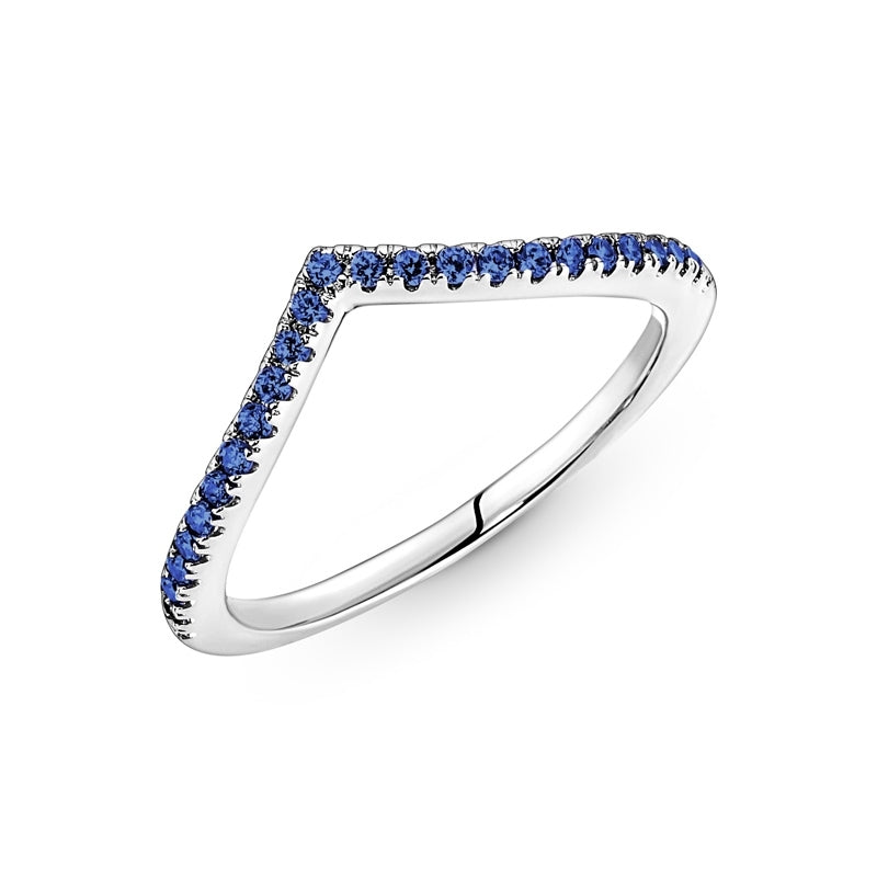 Timeless Sparkling Silver Wishbone Ring with Blue Stones 196316C02