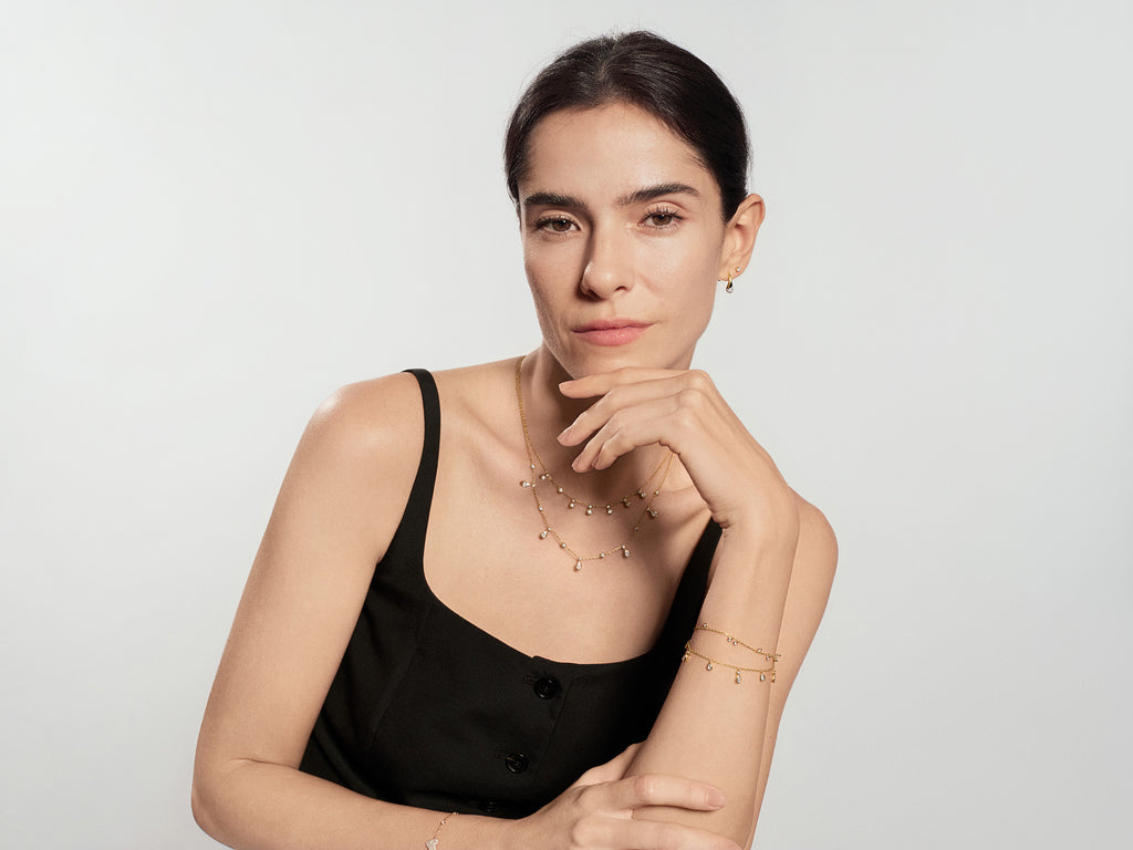 Gold Bezel-Set Droplet Station Bracelet – model view