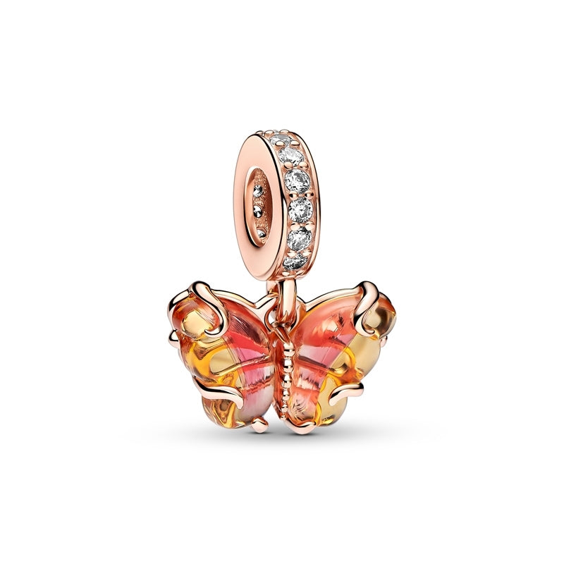 Pink & Yellow Murano Glass Butterfly Dangle Charm