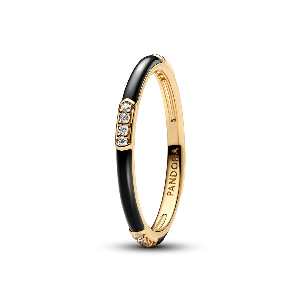 14k Gold-Plated Black Enamel & Stones Ring