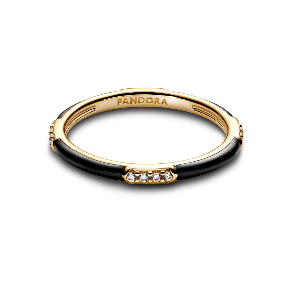 14k Gold-Plated Black Enamel & Stones Ring