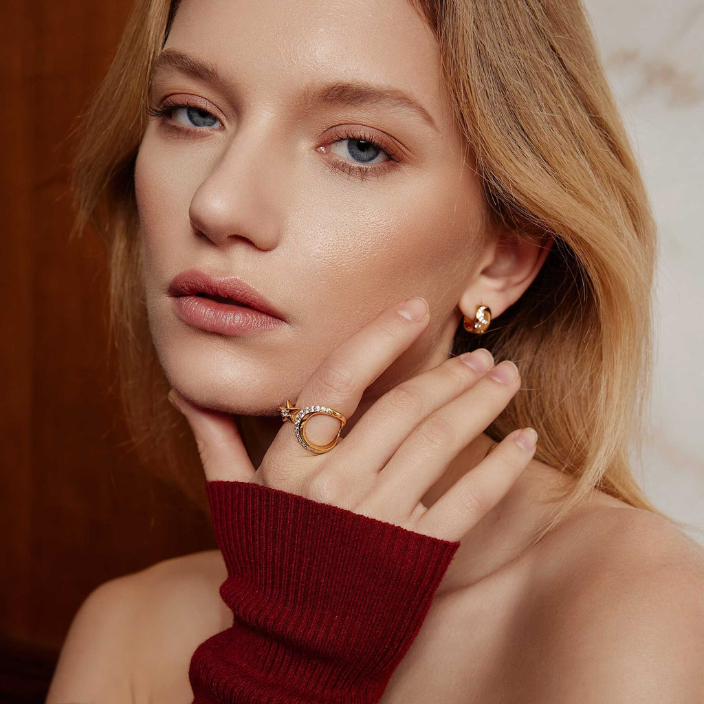 Gold Sparkling Moon and Star Adjustable Ring