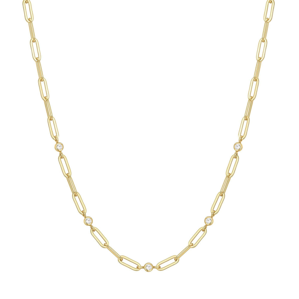 Gold Bezel Station Paper Clip Chain Necklace