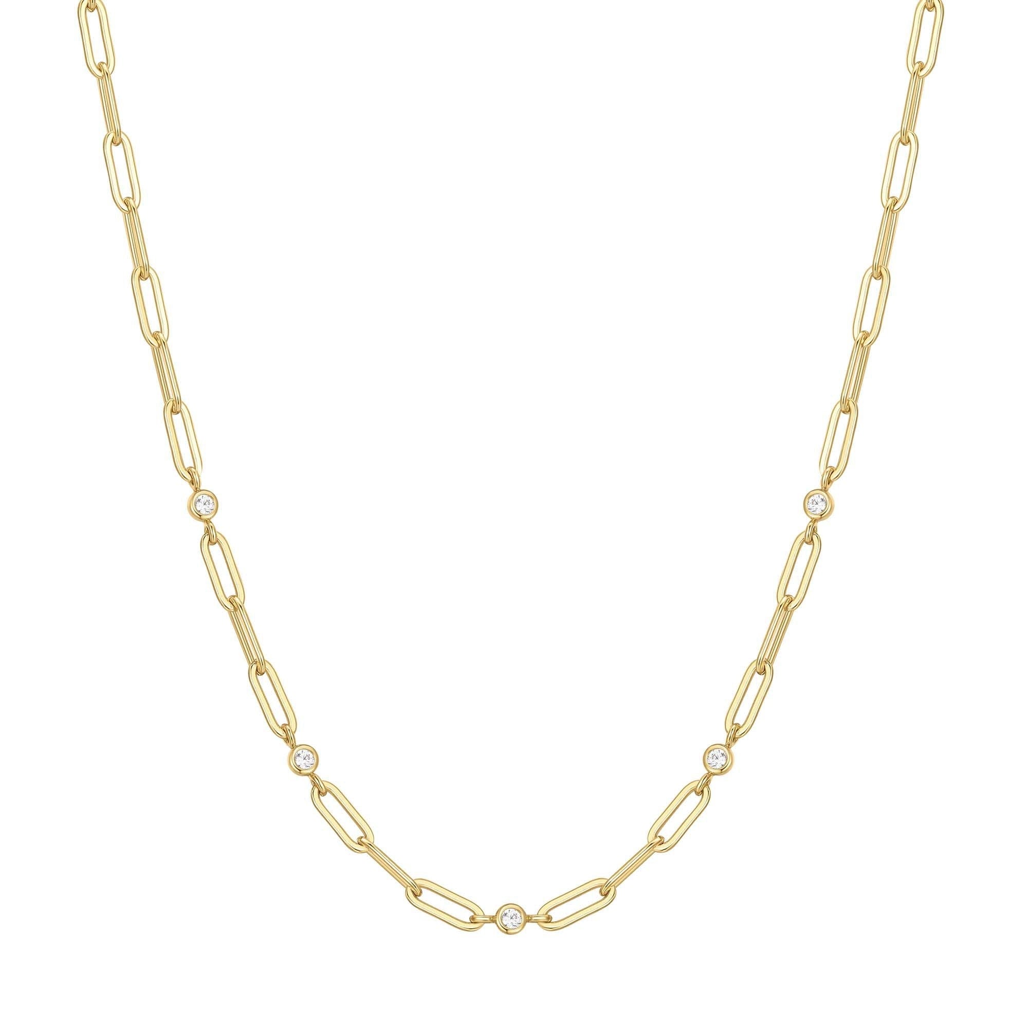 Gold Bezel Station Paper Clip Chain Necklace