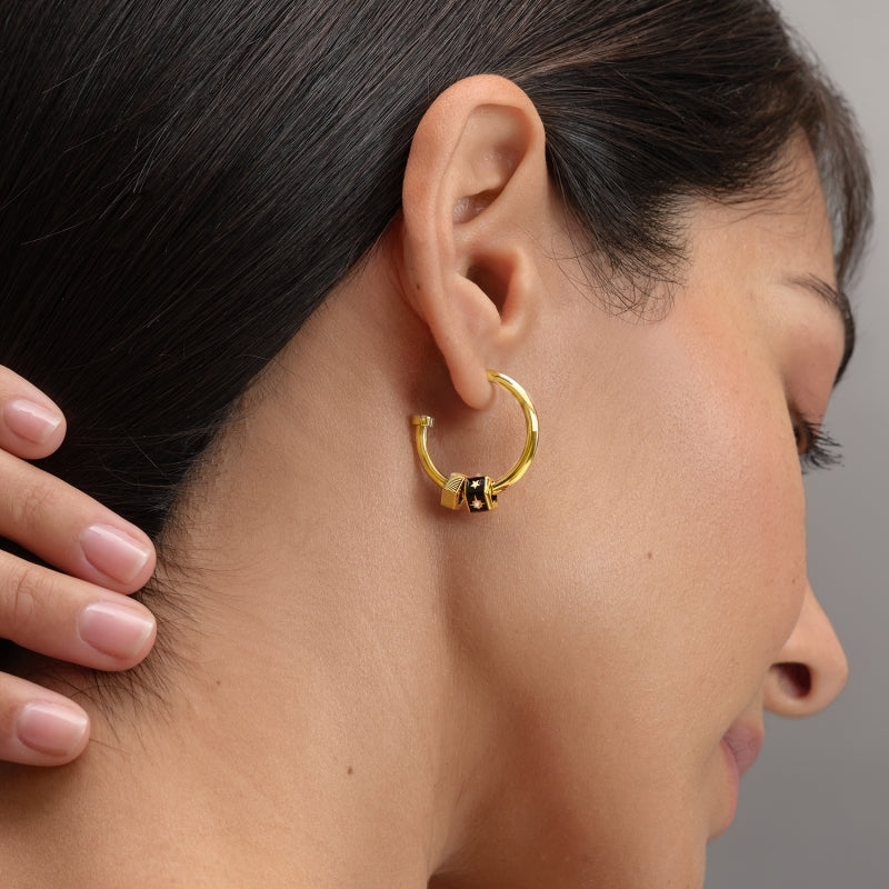 Black & Gold Plated Bead Charm Hoop Earrings