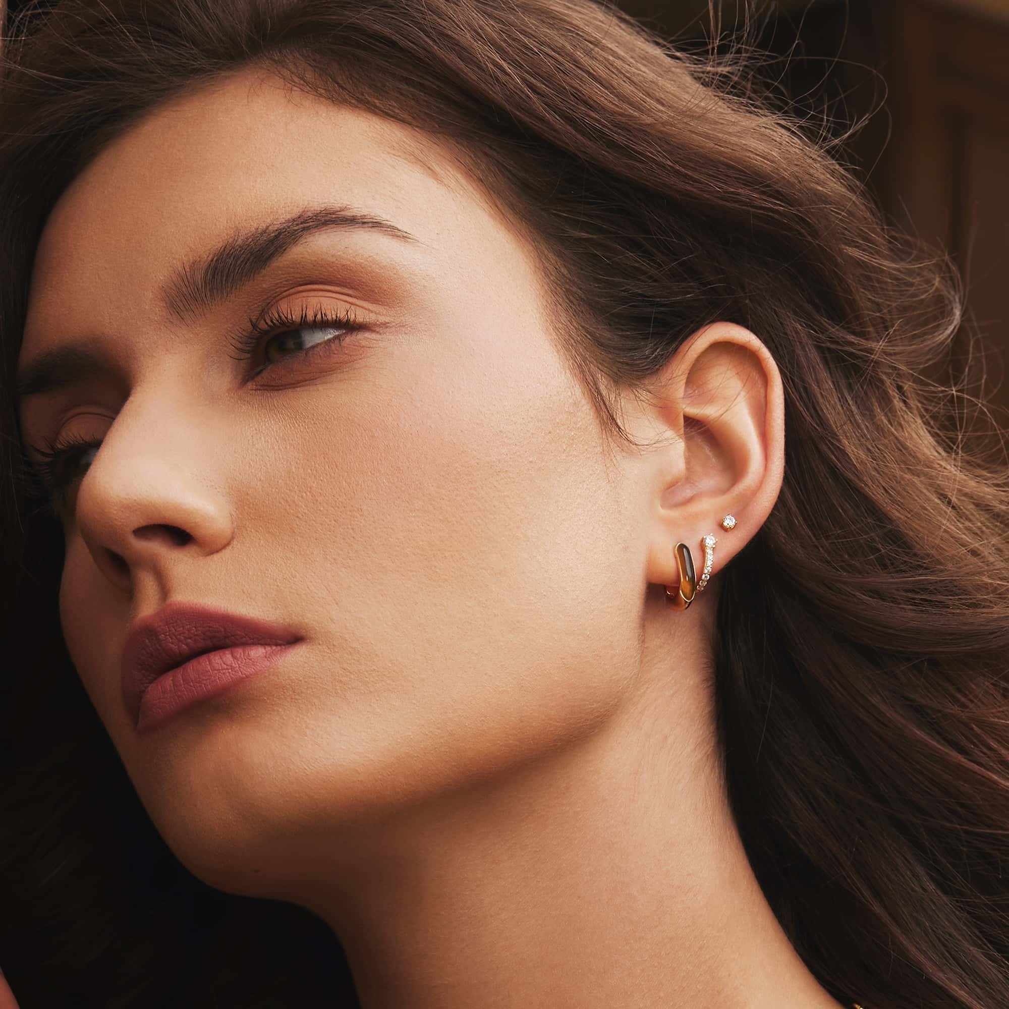 Gold Tiger Eye Huggie Hoop Earrings