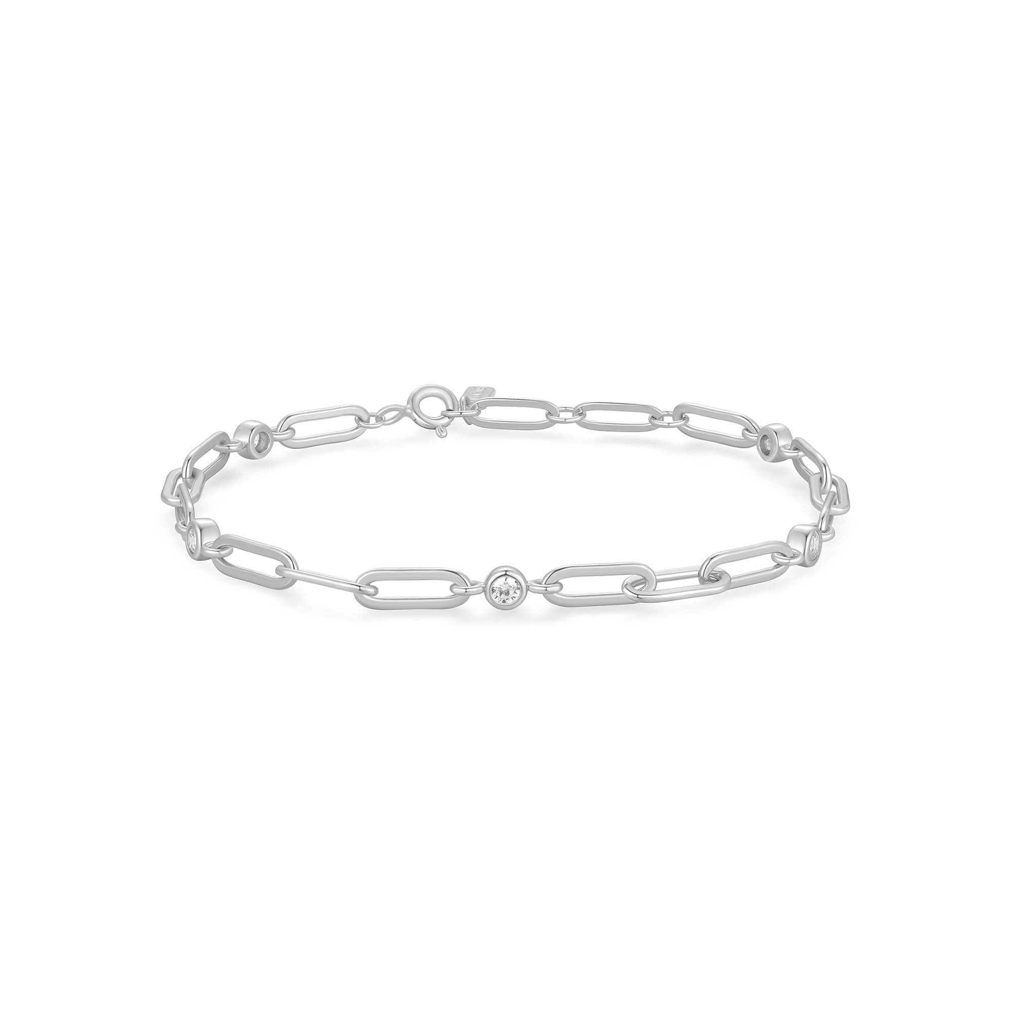 Silver Bezel Station Paper Clip Chain Bracelet