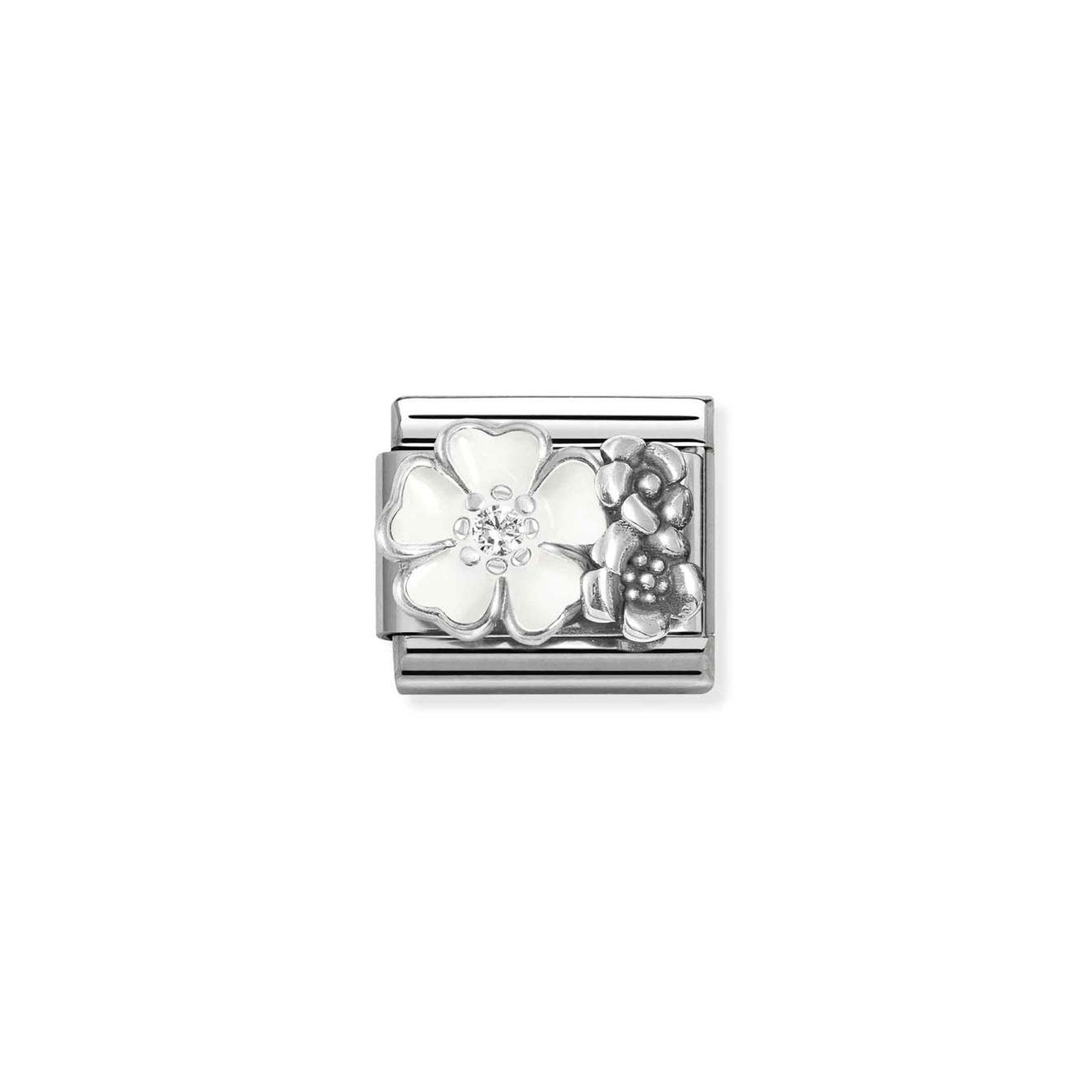 Composable CL SYMBOLS OX. in steel, enamel, cz and 925 sterling silver WHITE flower with flowers