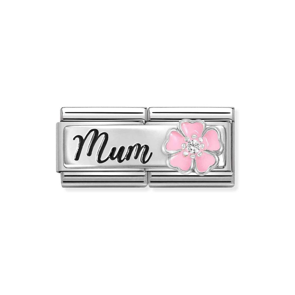 Composable DOUBLE Classic DETAILED steel, enamel, cz and 925 sterling silver Mum with flower