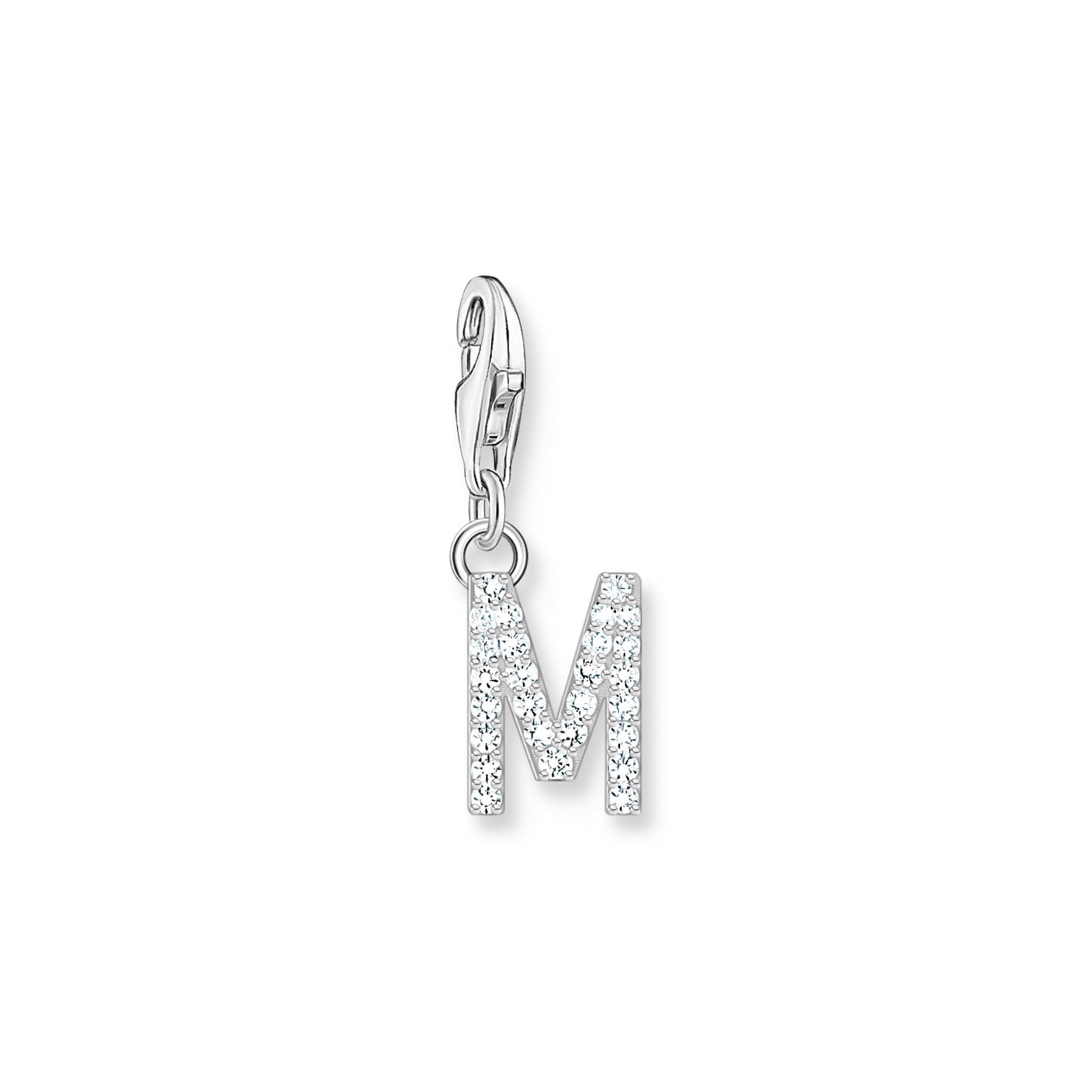 Charm Pendant Letter M with White Stones Silver