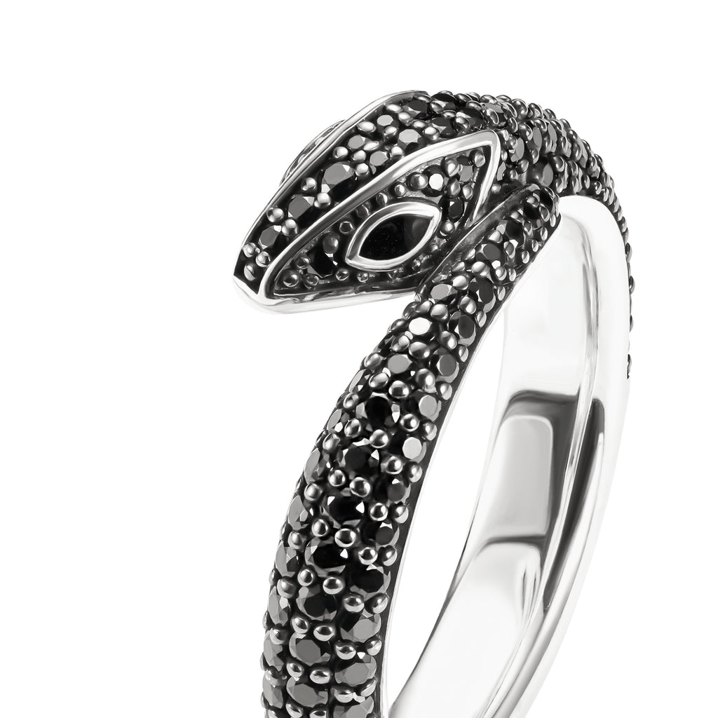 Silver Blackened Snake Ring with Black Zirconia