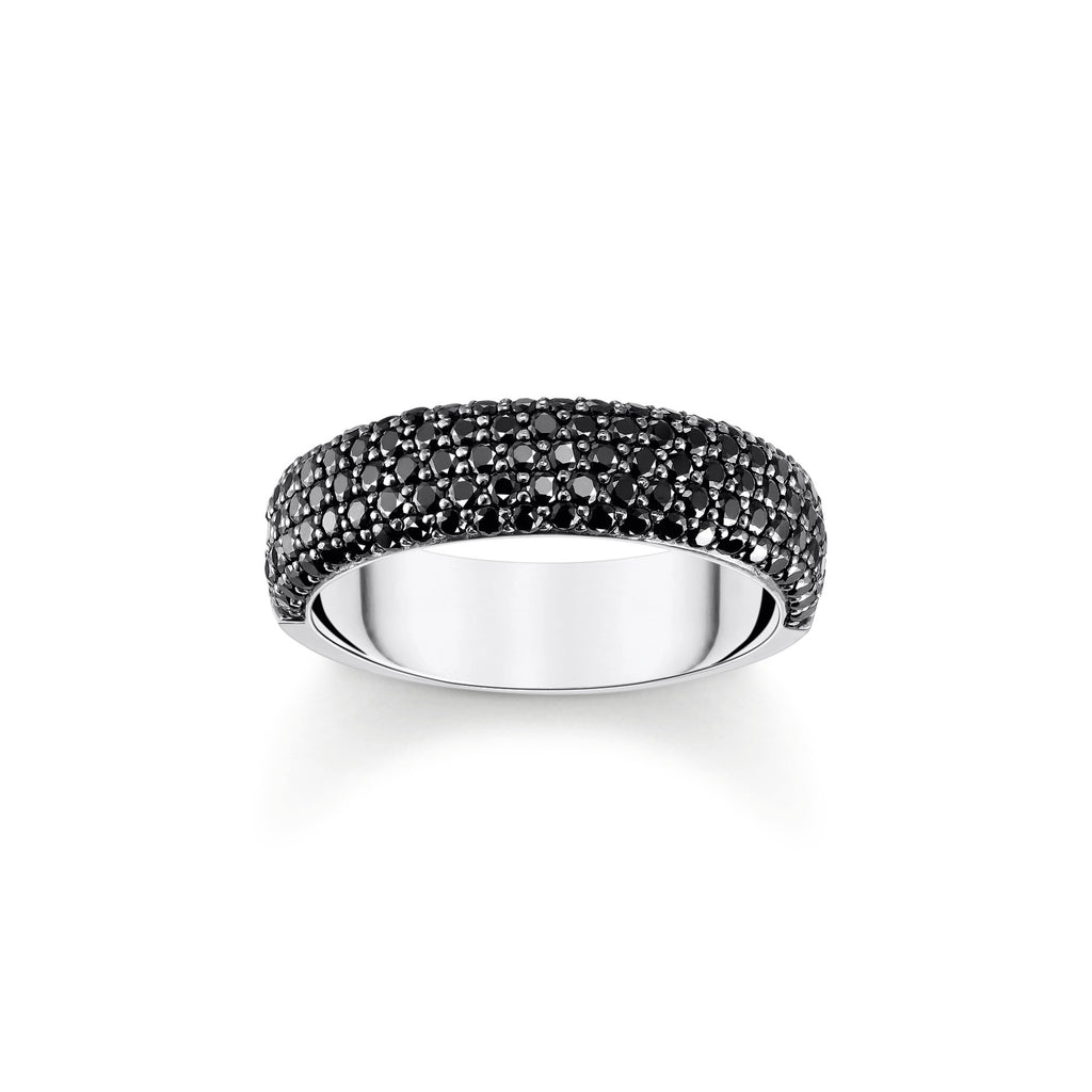 Silver Wide Band Ring with Black Zirconia and Engraving