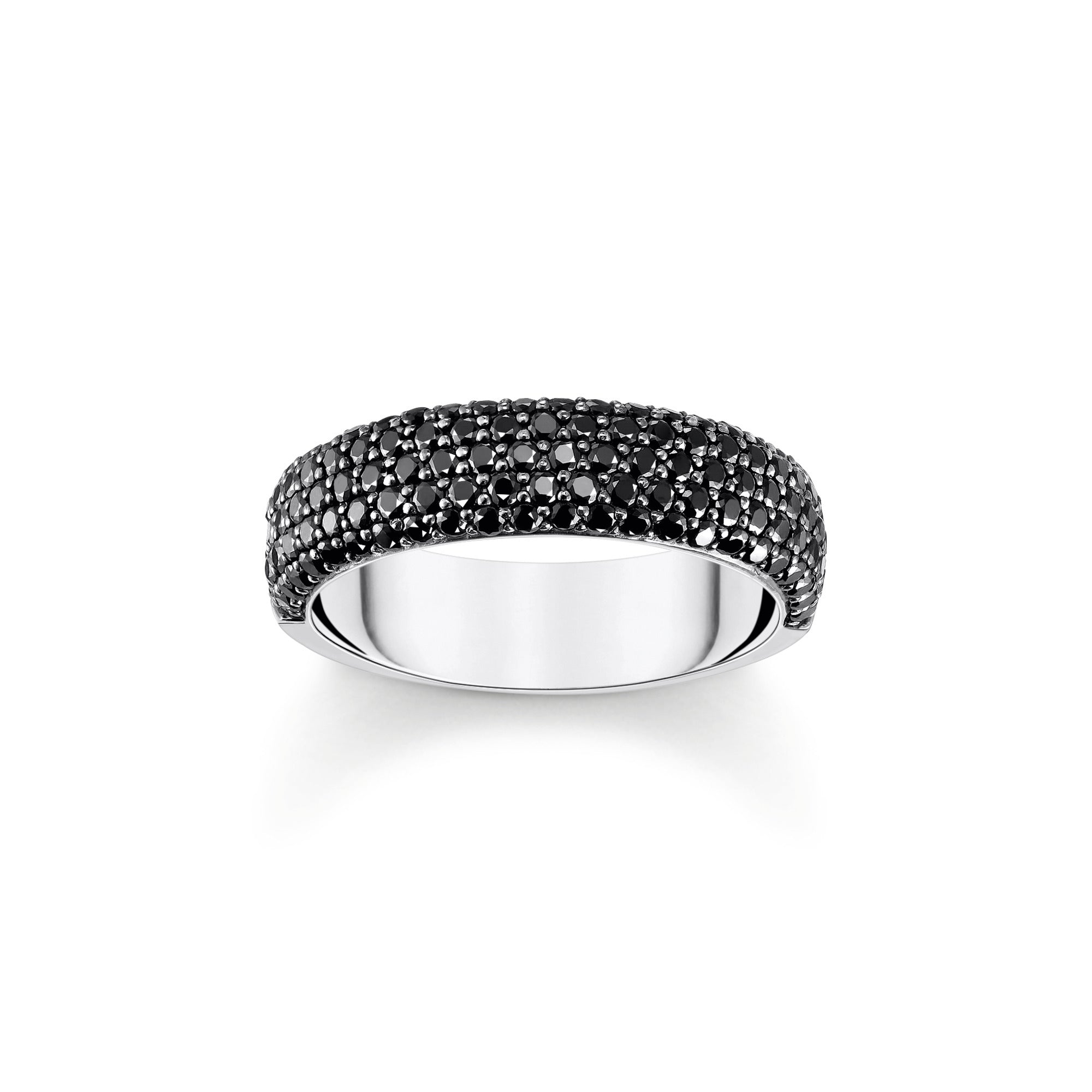 Silver Wide Band Ring with Black Zirconia and Engraving