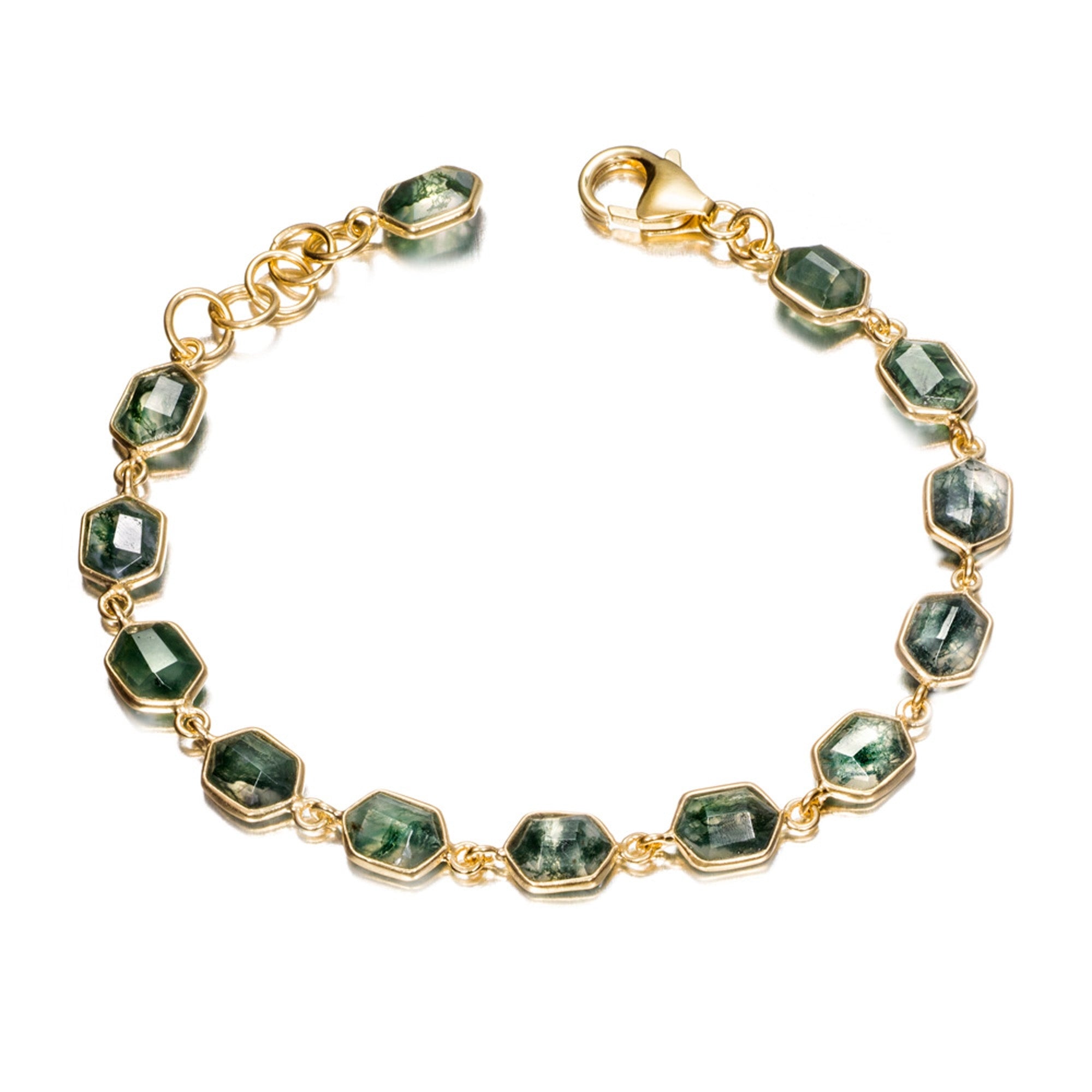Bracelet Geo Silver Moss Agate 16+2Cm Gold 18k