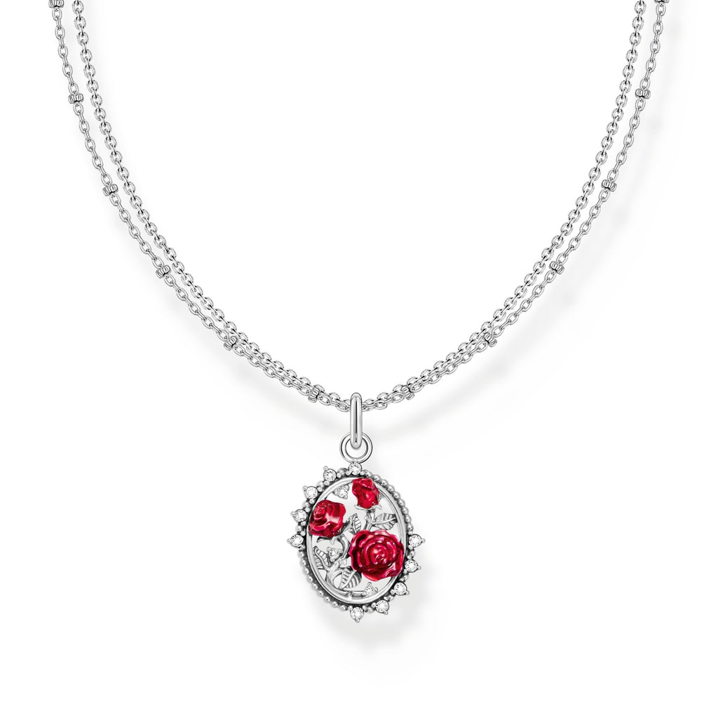 Roses Romance Pendant Necklace in Silver & Red