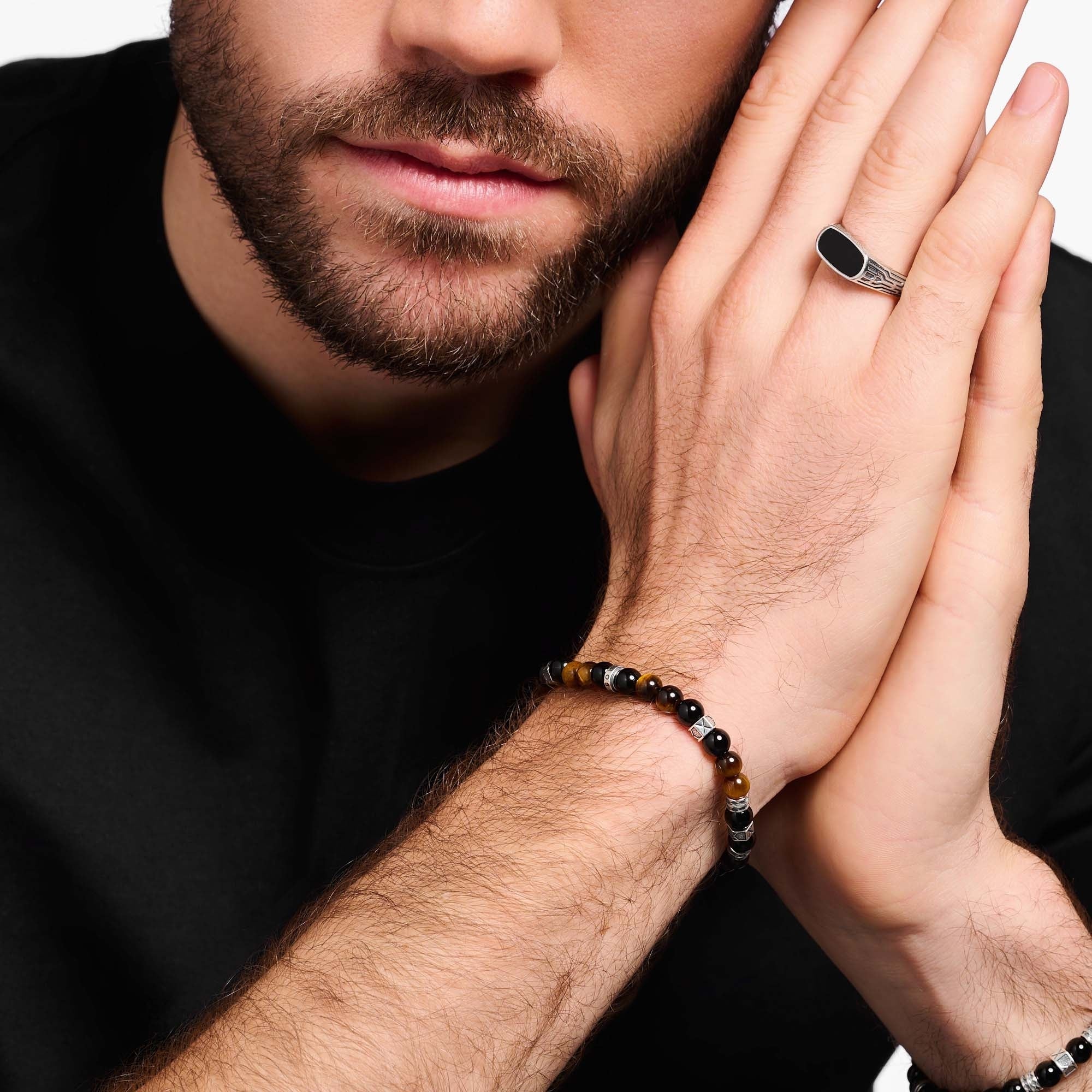 Black Onyx Beads and Tiger's Eye Beads Silver Bracelet