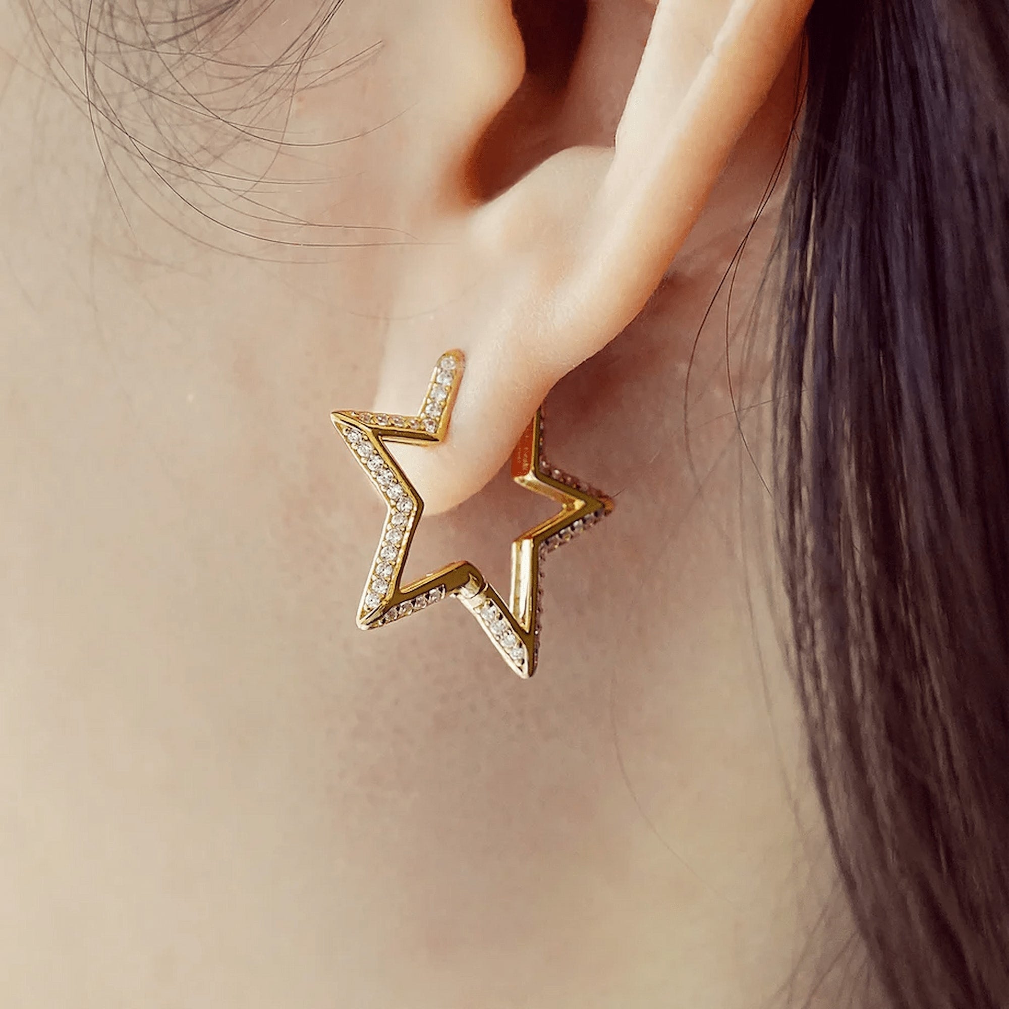 Gold Medium Star Pave Hoop Earrings