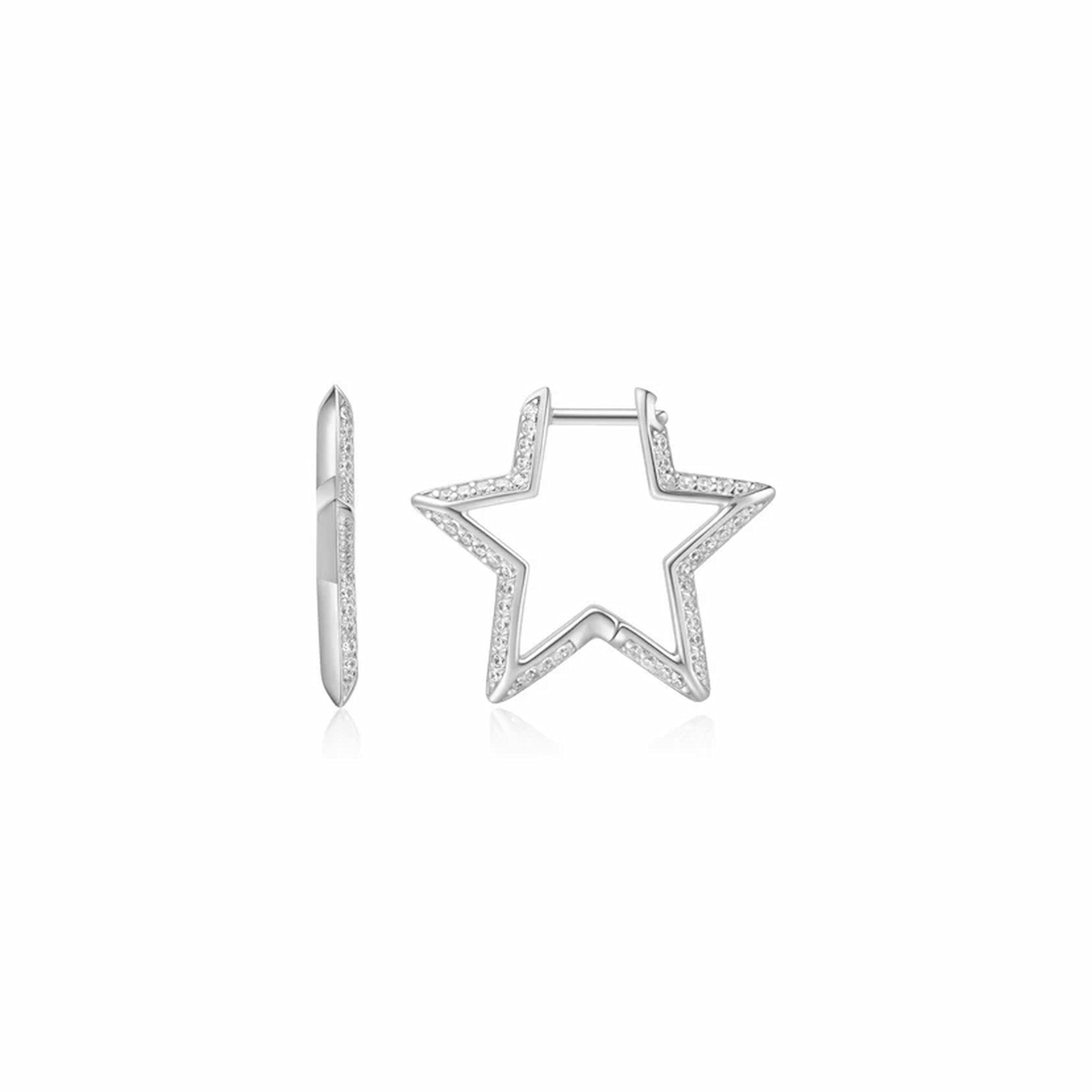 Silver Medium Star Pave Hoop Earrings