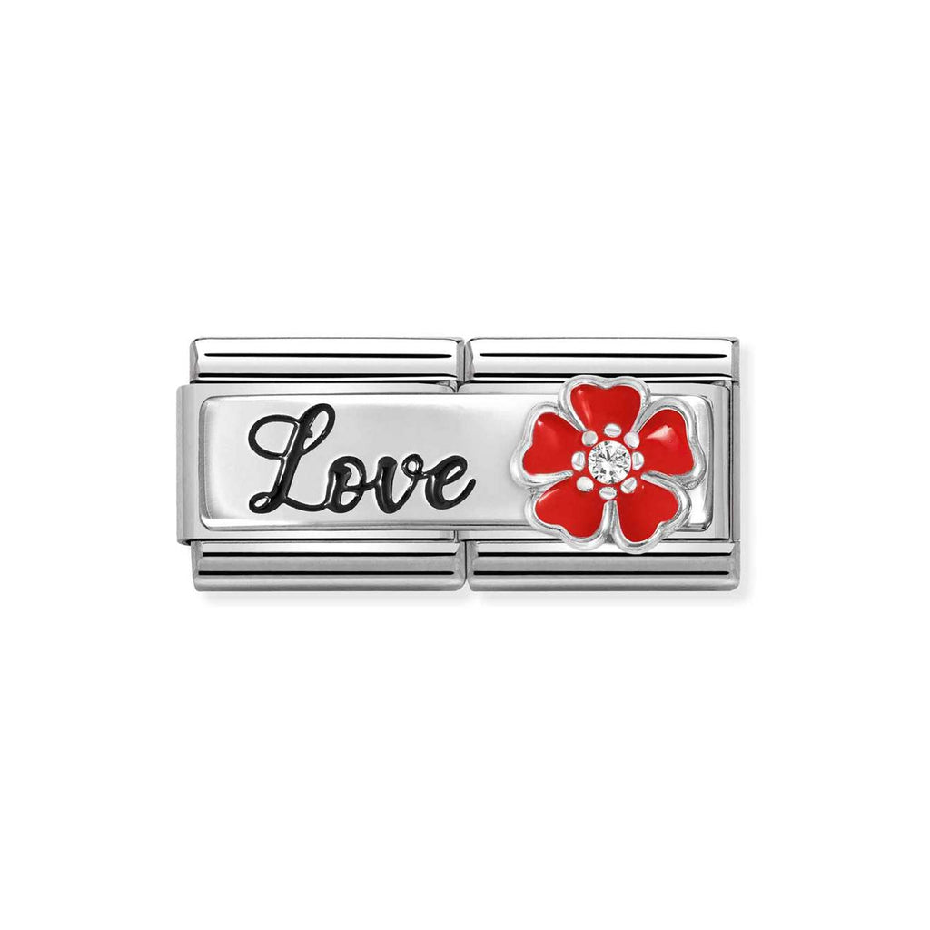 Composable DOUBLE Classic DETAILED steel, enamel, cz and 925 sterling silver Love with flower