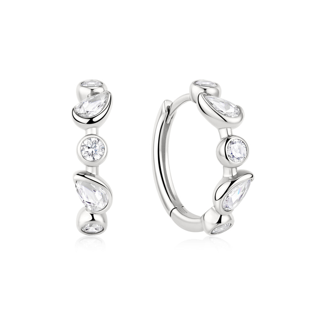 Silver Bezel Round & Teardrop Huggie Hoop Earrings