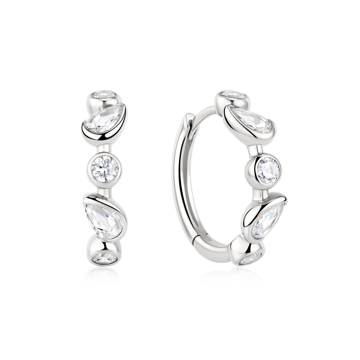 Silver Bezel Round & Teardrop Huggie Hoop Earrings