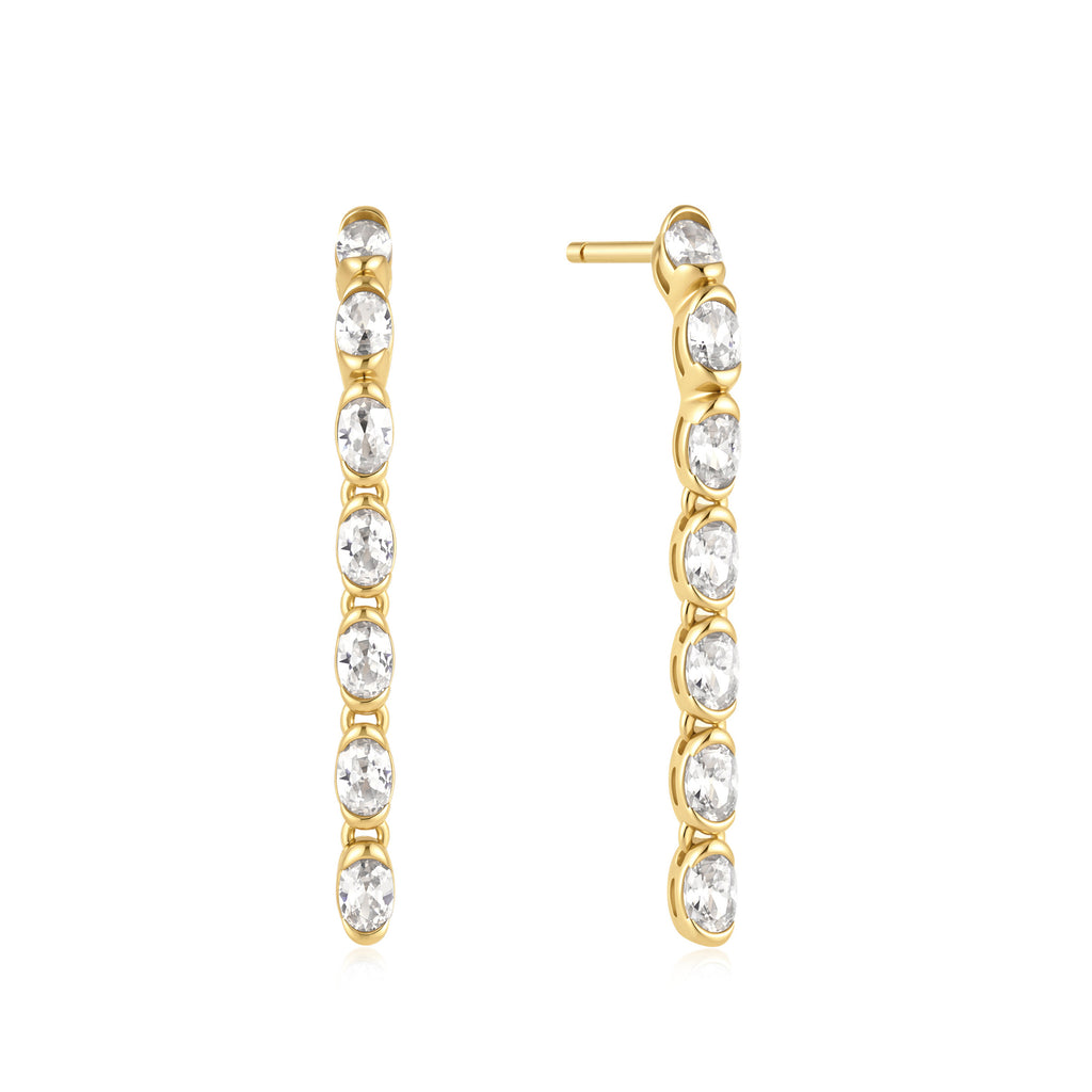 Gold Half-Bezel Oval Linear Dangle Stud Earrings