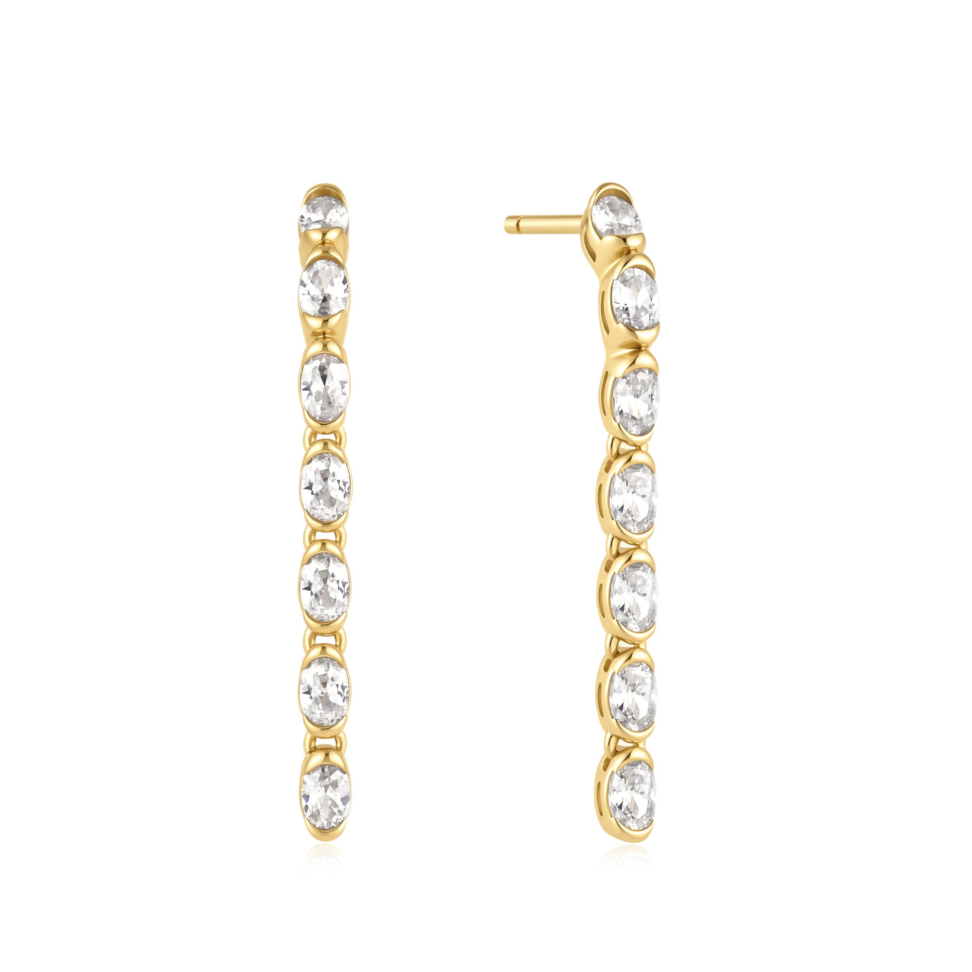 Gold Half-Bezel Oval Linear Dangle Stud Earrings