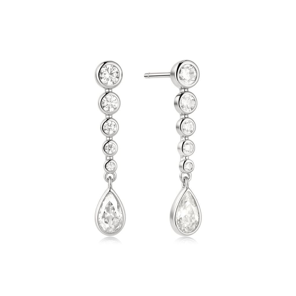 Silver Graduated Bezel Round & Teardrop Dangle Stud Earrings