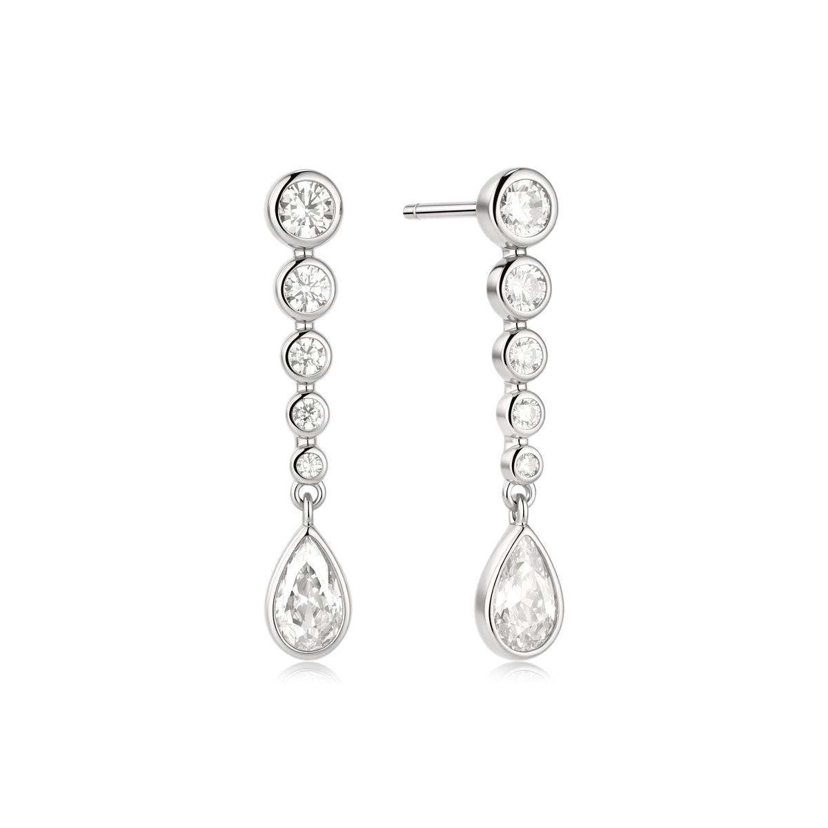 Silver Graduated Bezel Round & Teardrop Dangle Stud Earrings
