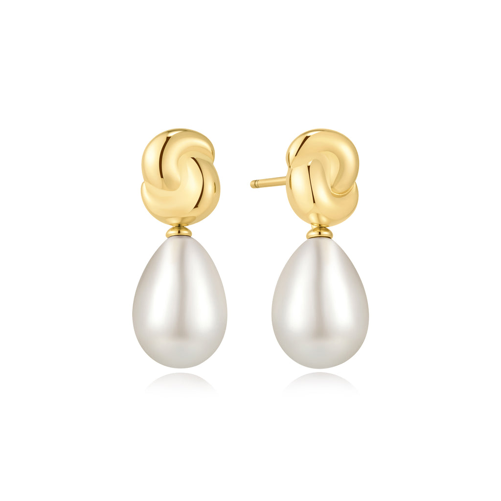 Gold Twist & Shell Pearl Drop Stud Earrings