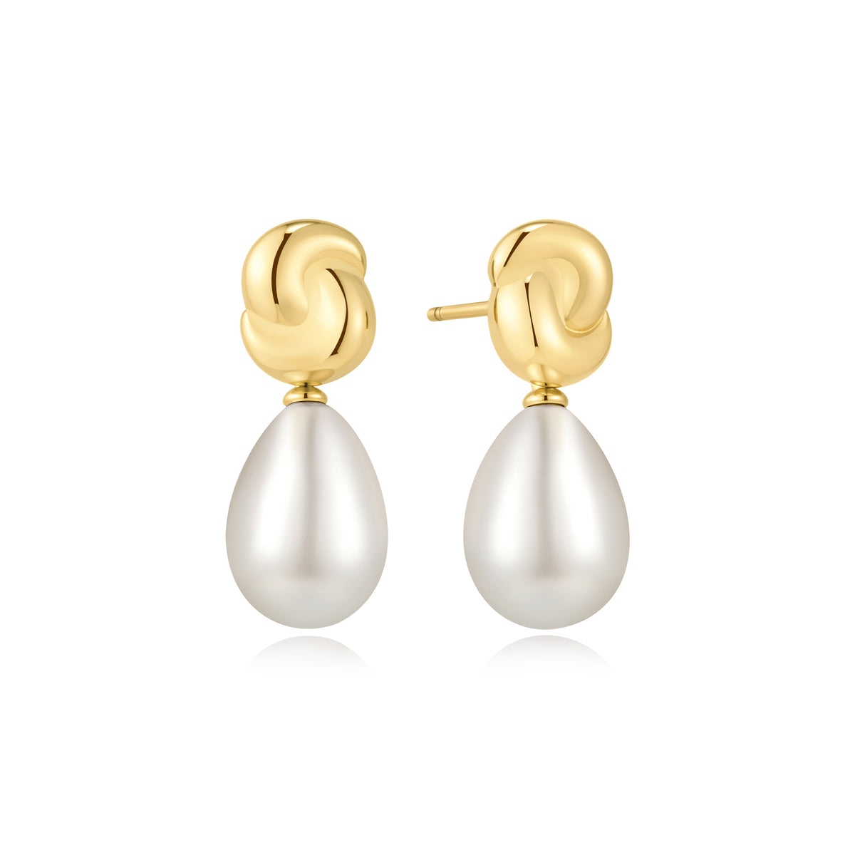 Gold Twist & Shell Pearl Drop Stud Earrings