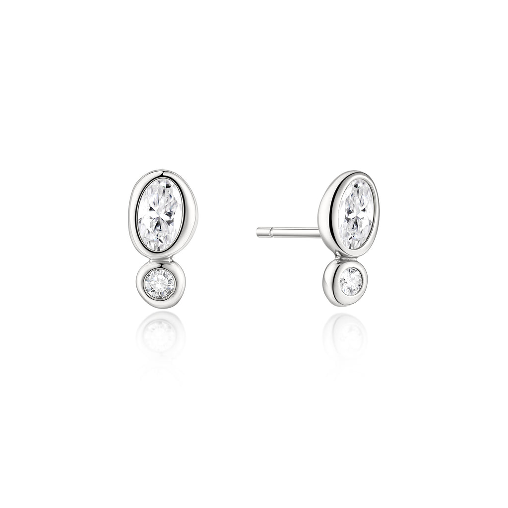 Silver Bezel Organic Pebble & Round Stud Earrings