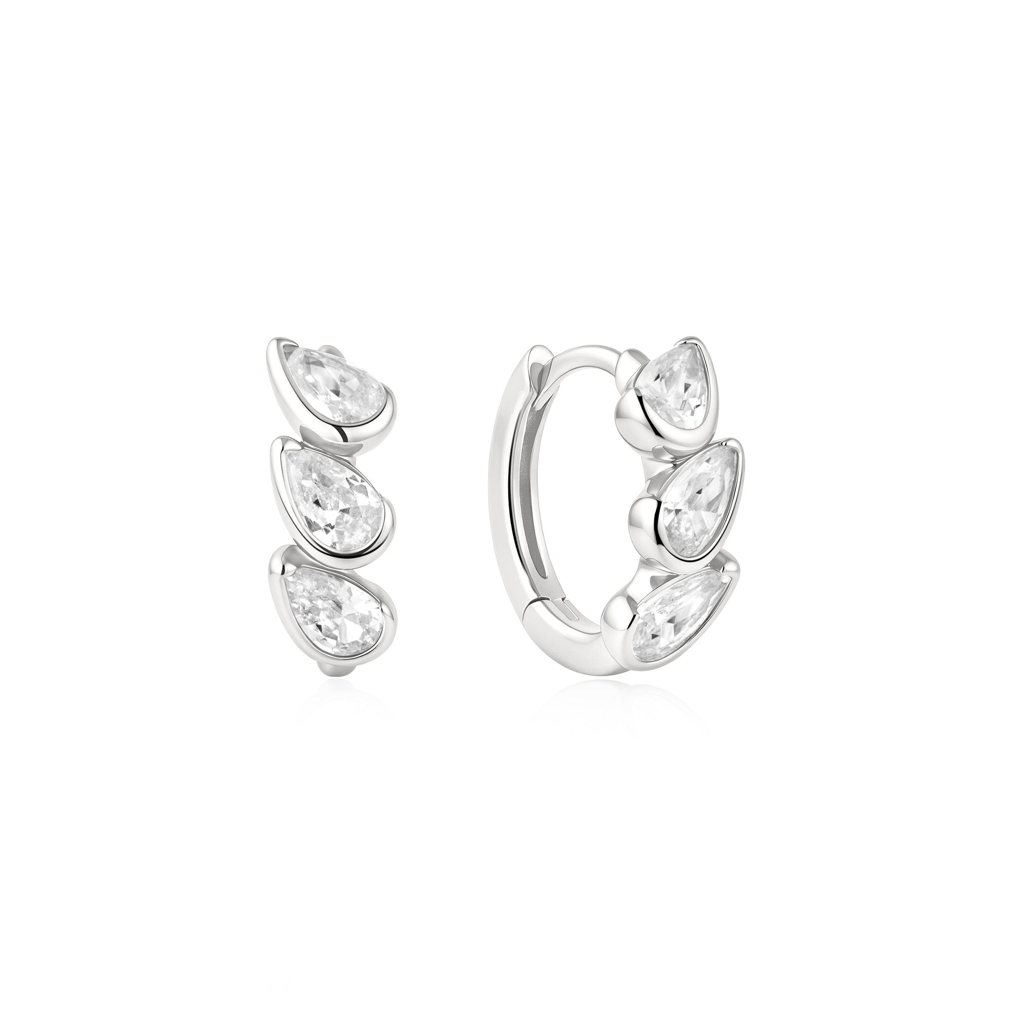 Silver Triple Half-Bezel Teardrop Huggie Hoop Earrings