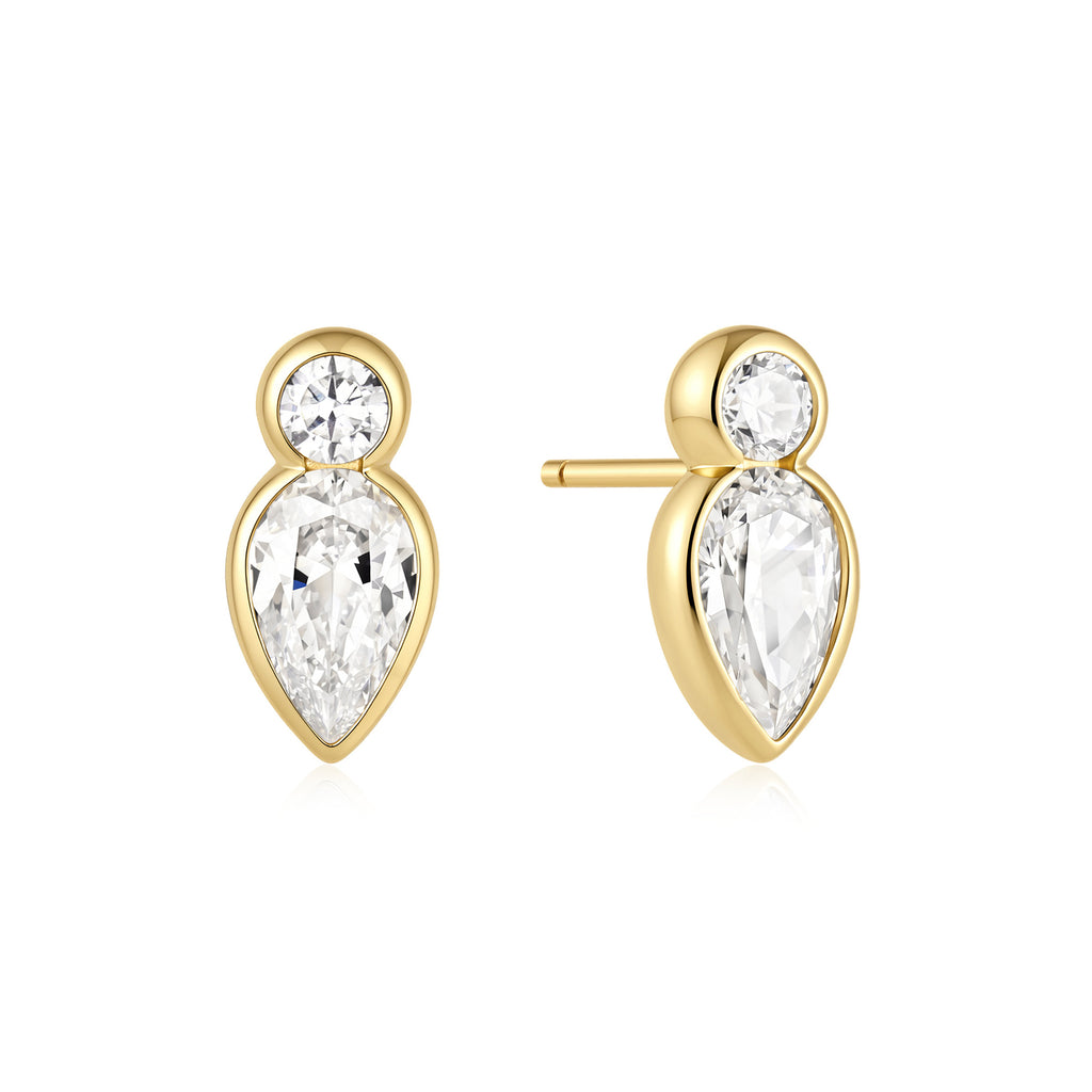 Gold Bezel Inverted Teardrop & Round Stud Earrings