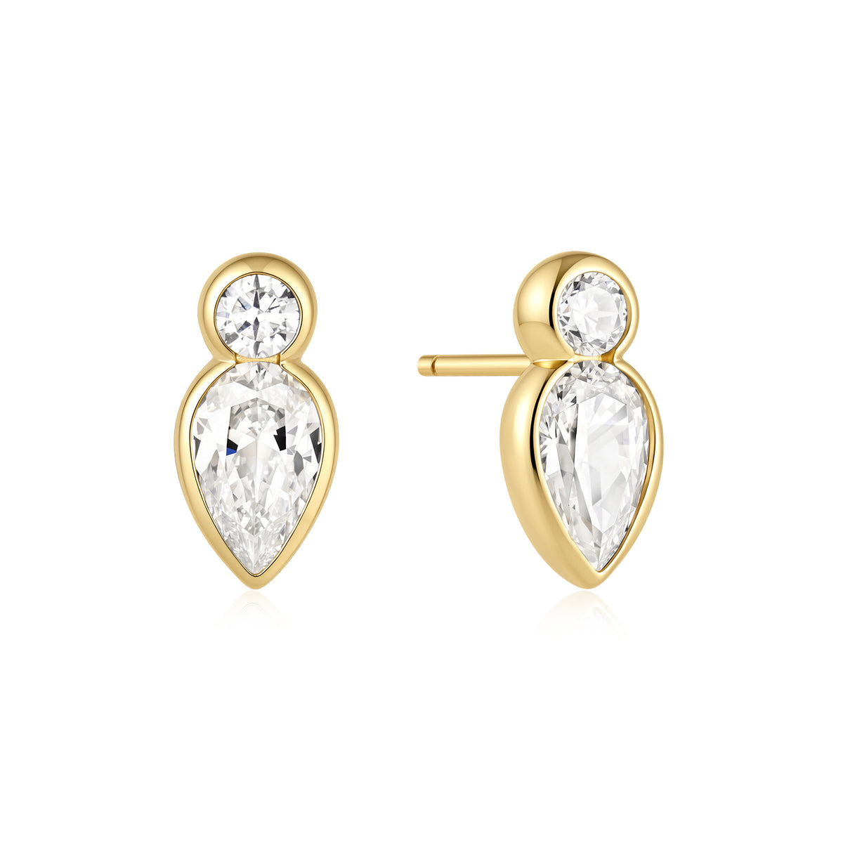 Gold Bezel Inverted Teardrop & Round Stud Earrings