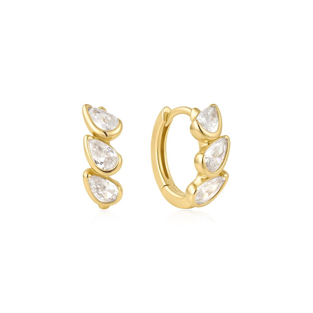 Gold Triple Half-Bezel Teardrop Huggie Hoop Earrings