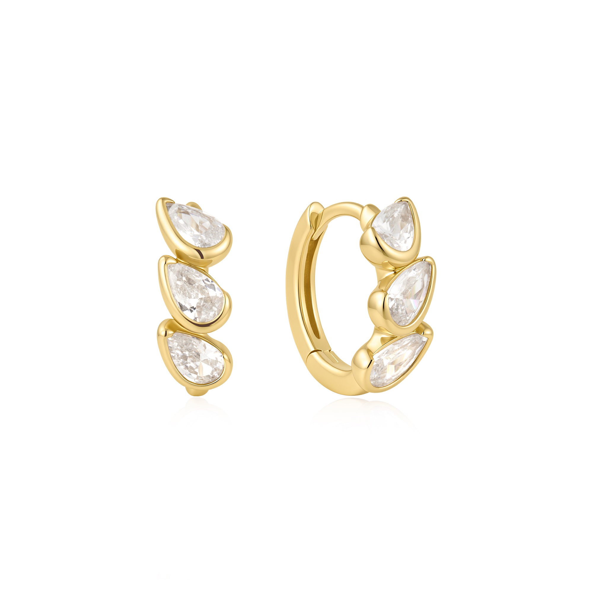 Gold Triple Half-Bezel Teardrop Huggie Hoop Earrings