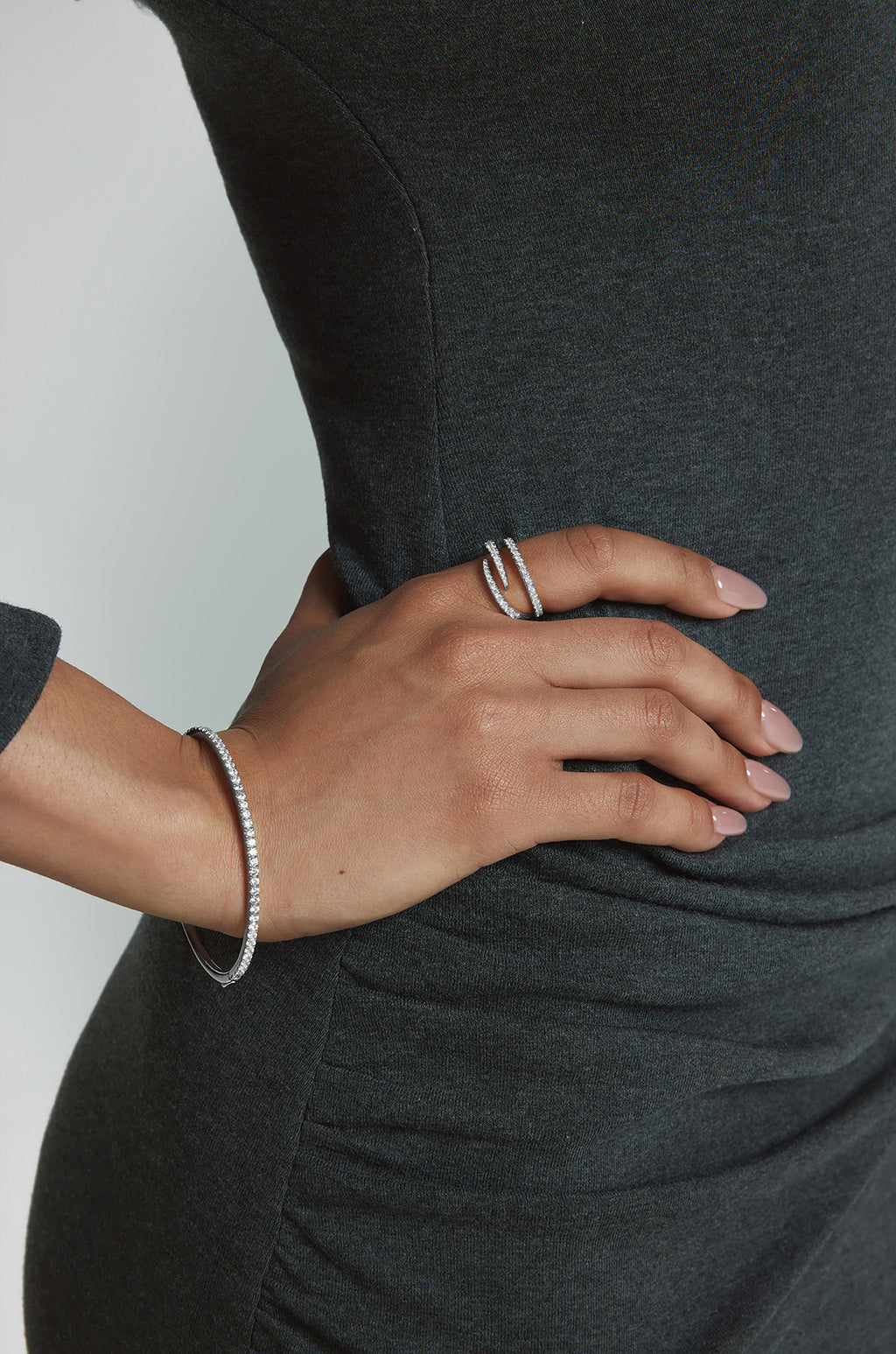 Silver Spiral Pavé Adjustable Ring – model view