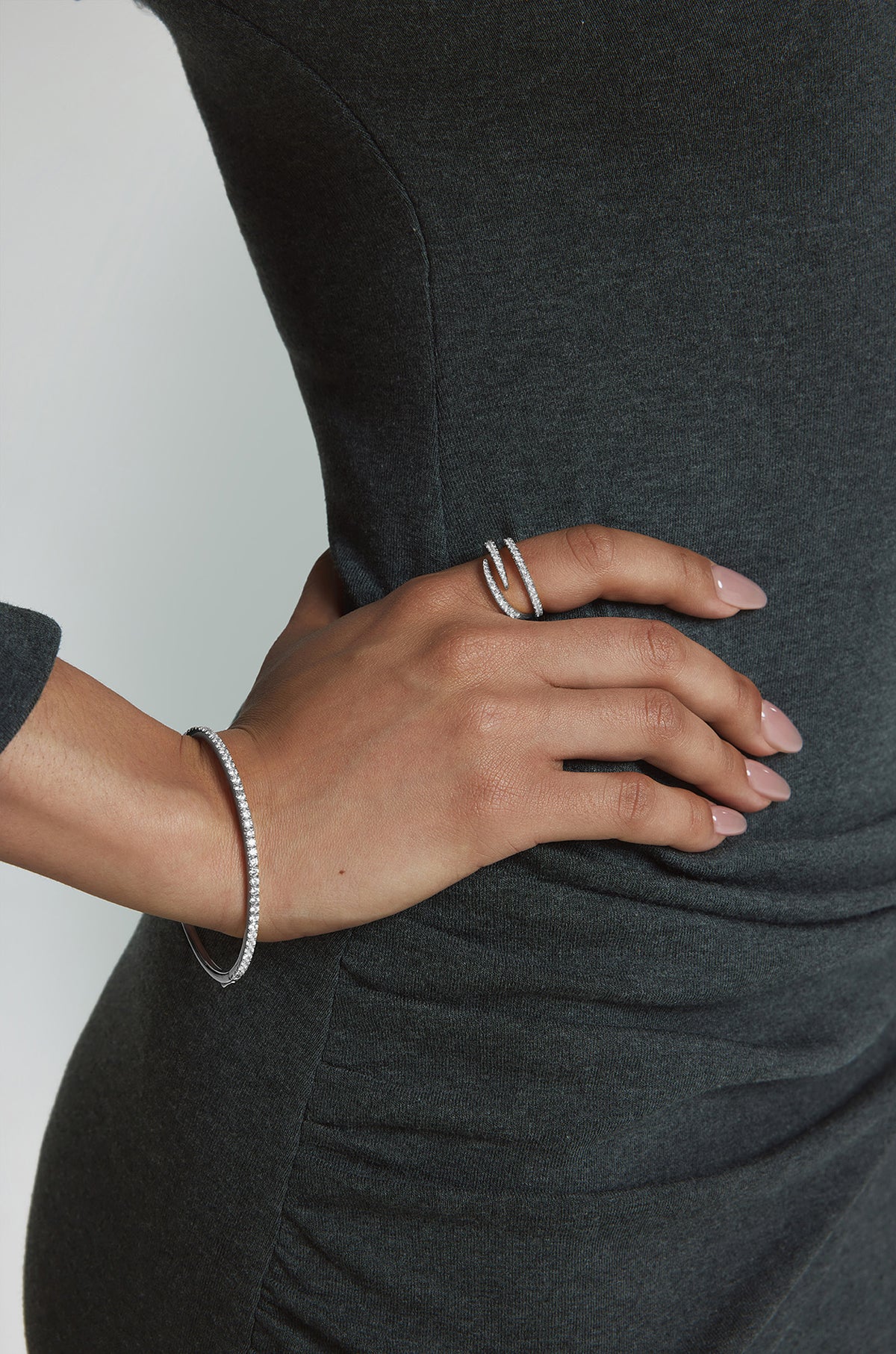 Silver Spiral Pavé Adjustable Ring – model view
