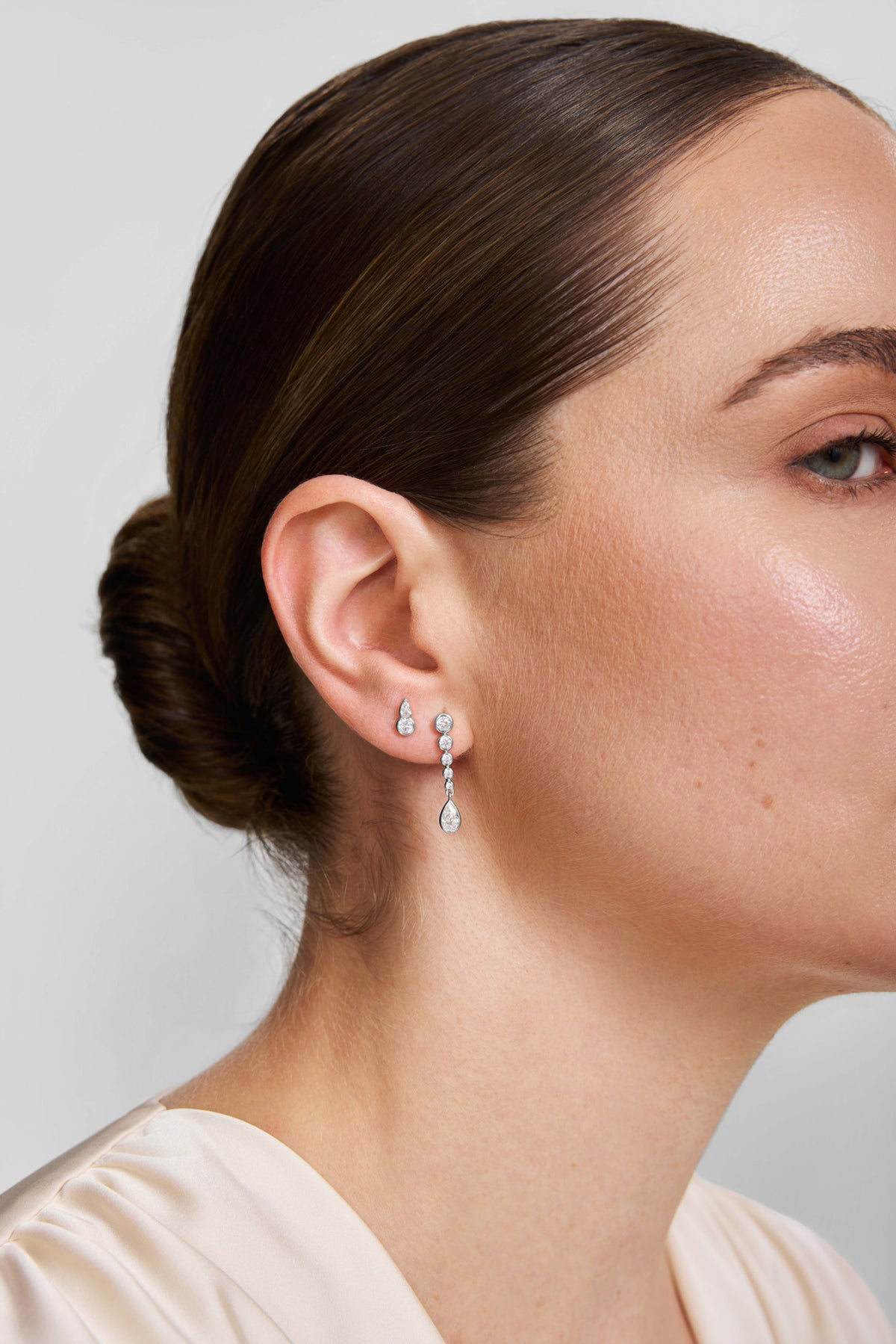 Silver Bezel Round & Teardrop Stud Earrings – model view