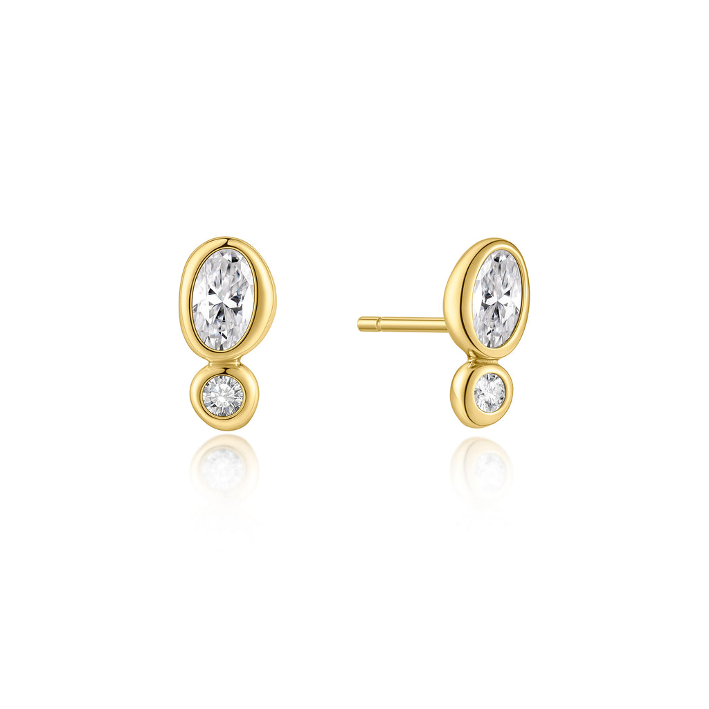 Gold Bezel Organic Pebble & Round Stud Earrings