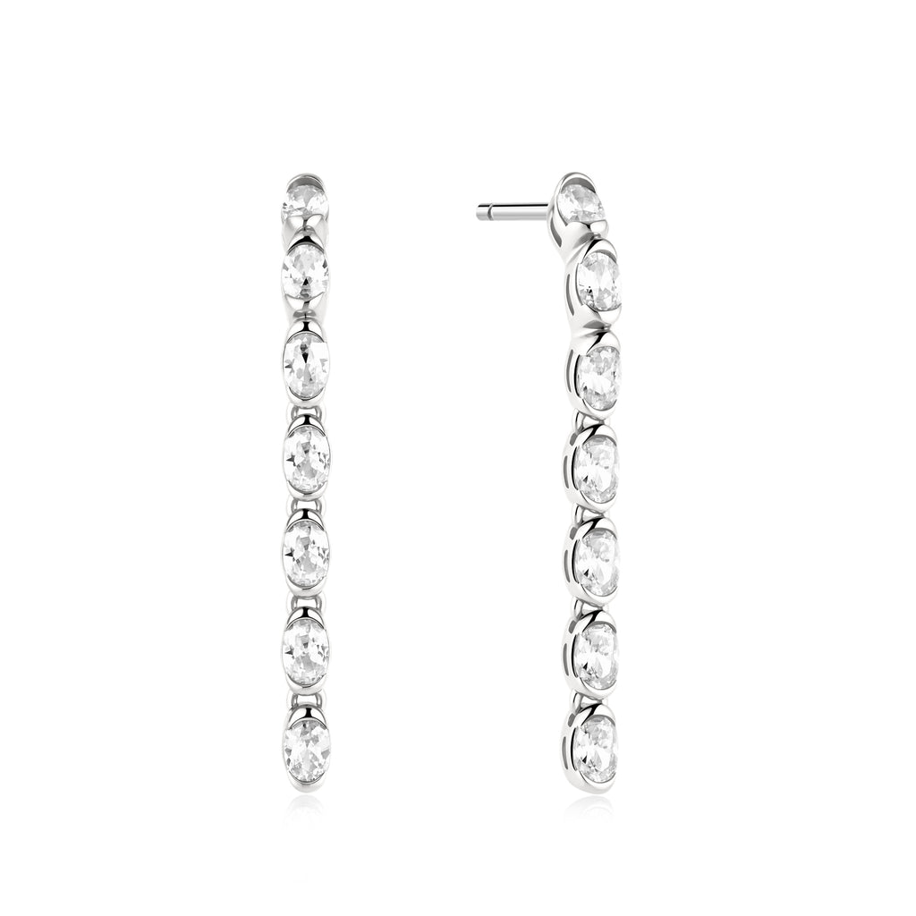 Silver Half-Bezel Oval Linear Dangle Stud Earrings