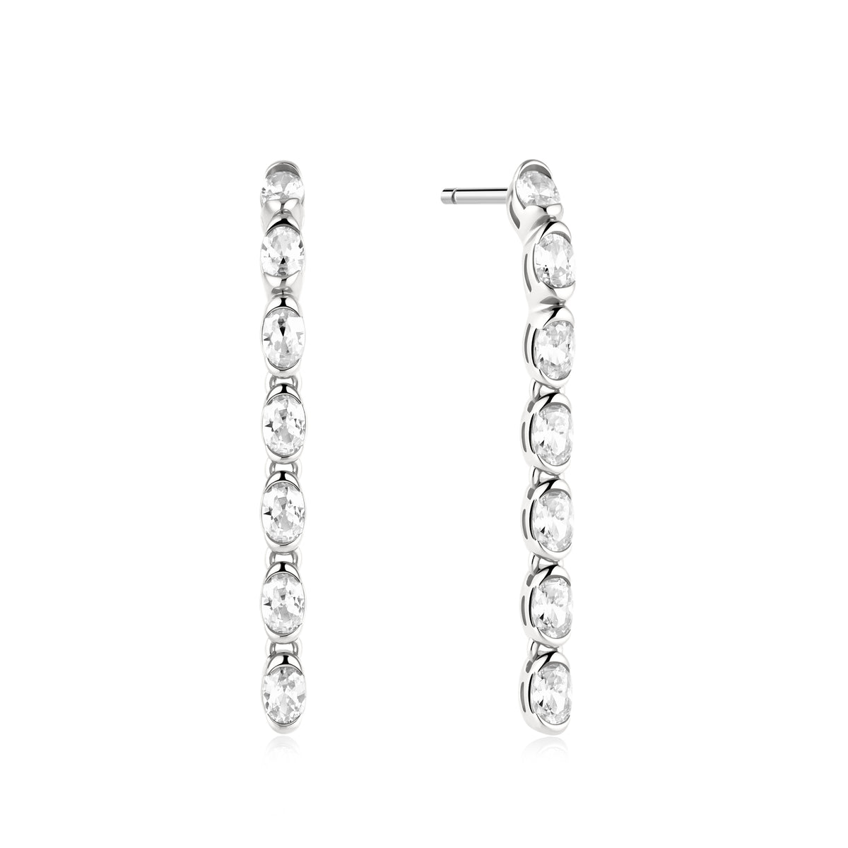 Silver Half-Bezel Oval Linear Dangle Stud Earrings