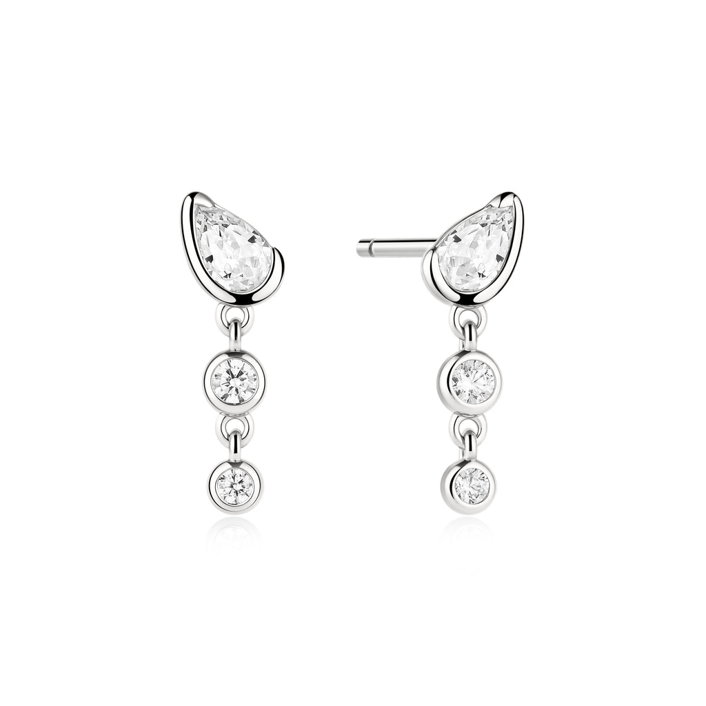Silver Teardrop & Bezel Round Dangle Stud Earrings