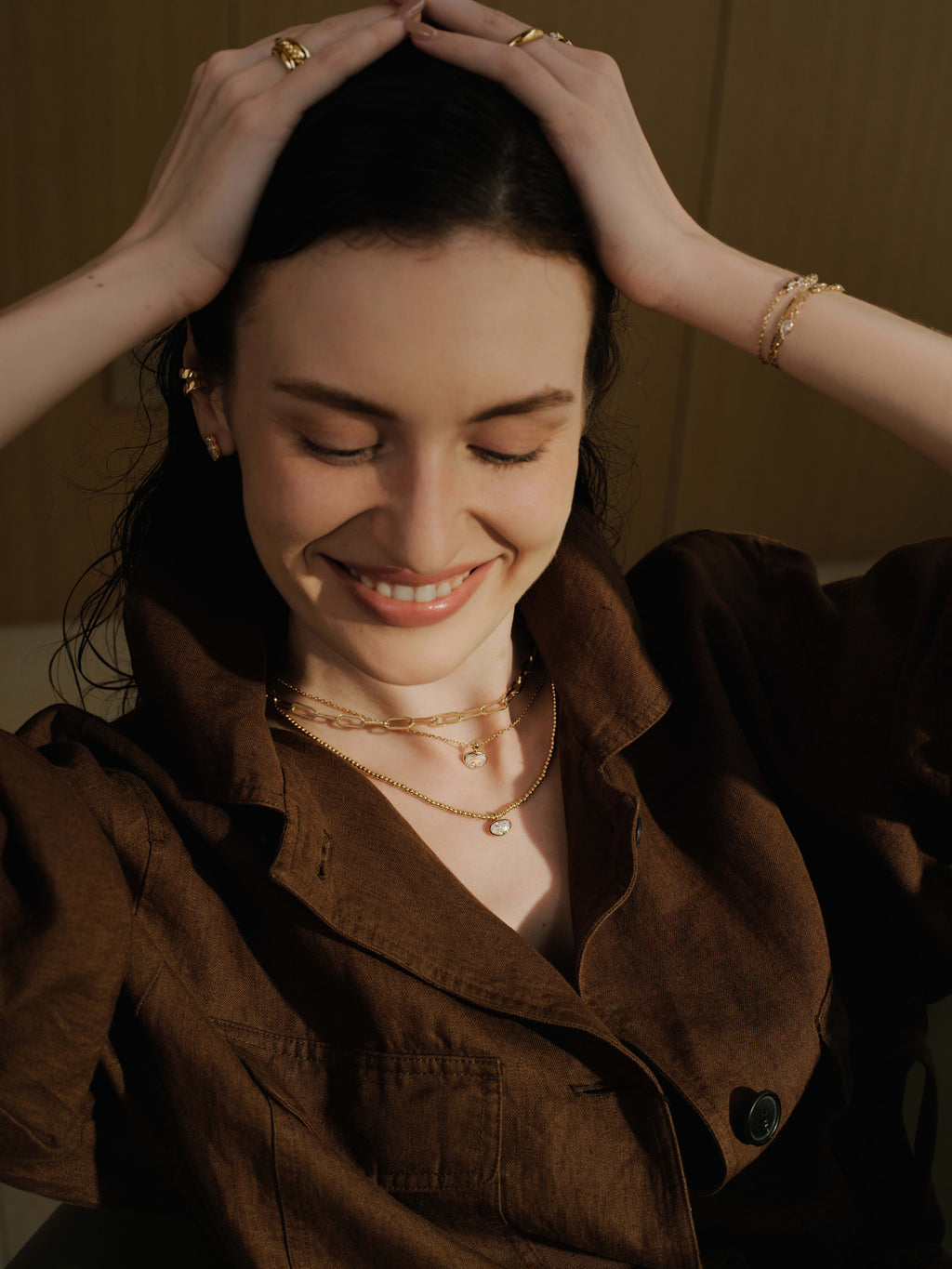 Gold Bezel Organic Pebble Necklace – model view