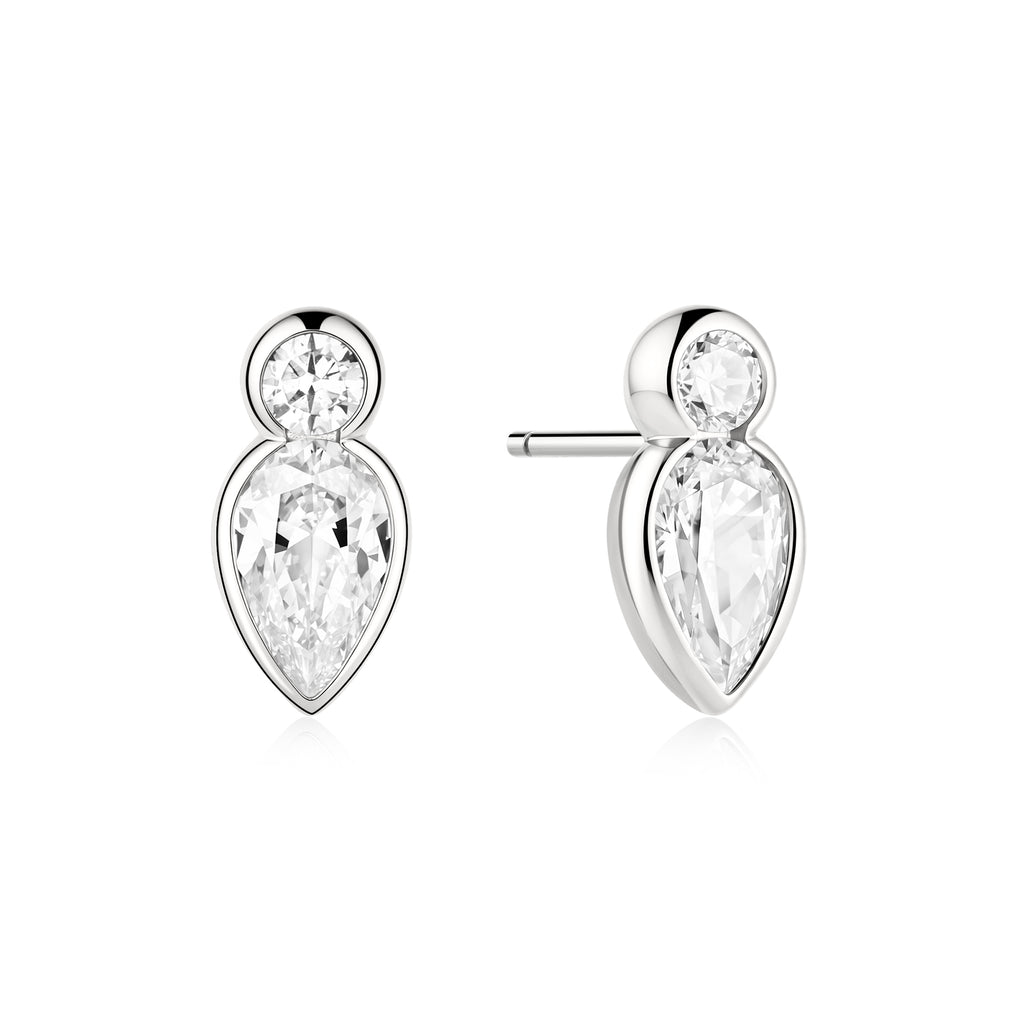 Silver Bezel Inverted Teardrop & Round Stud Earrings